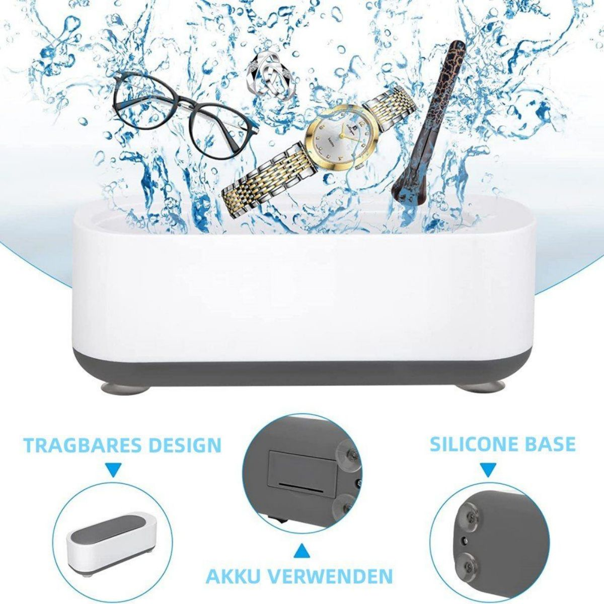 Ultraschallreiniger mit Brille und Uhr. Wassertropfen und Details des Reinigers sind sichtbar.