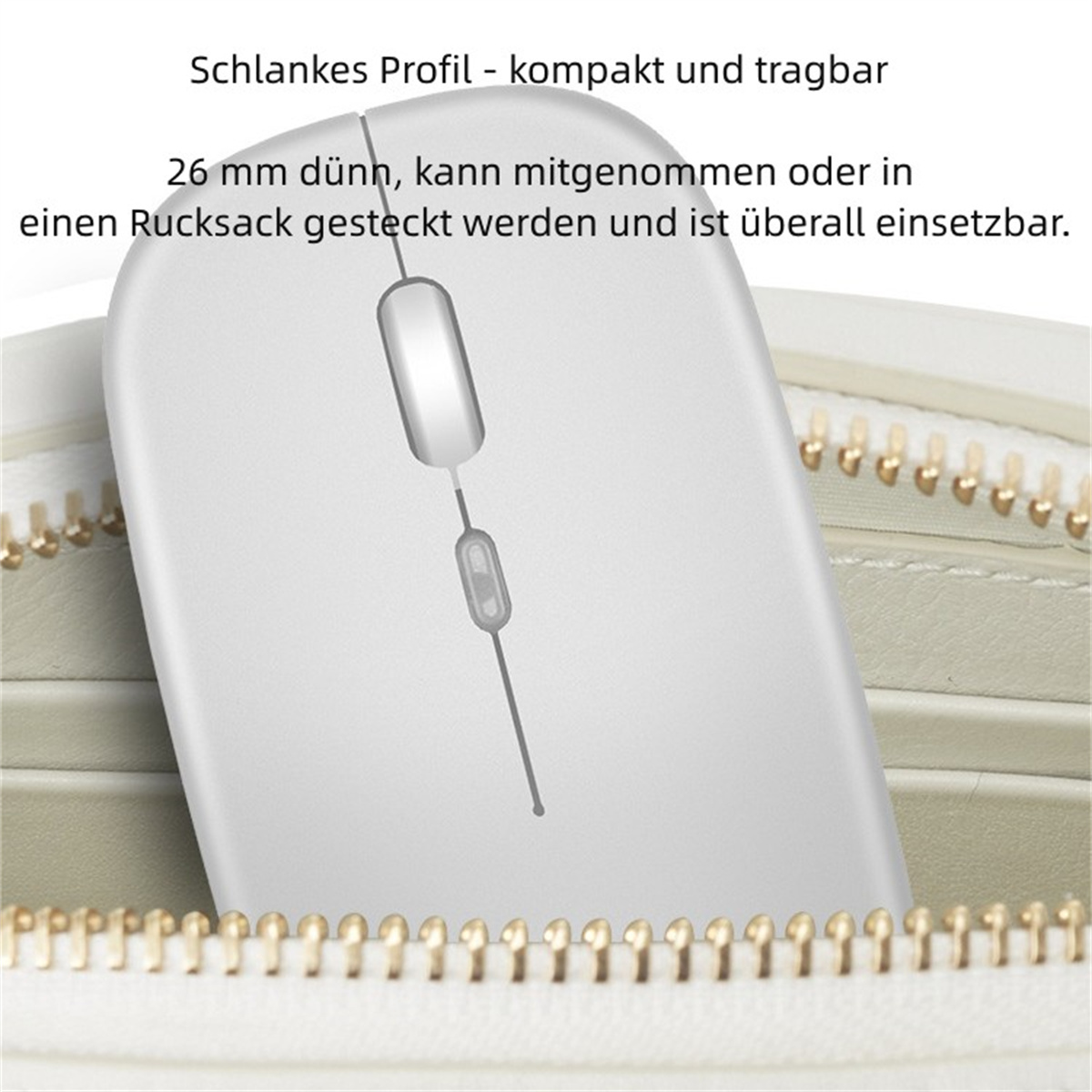 Eine weiße, schlanke kabellose Maus mit Scrollrad und kleiner Taste.