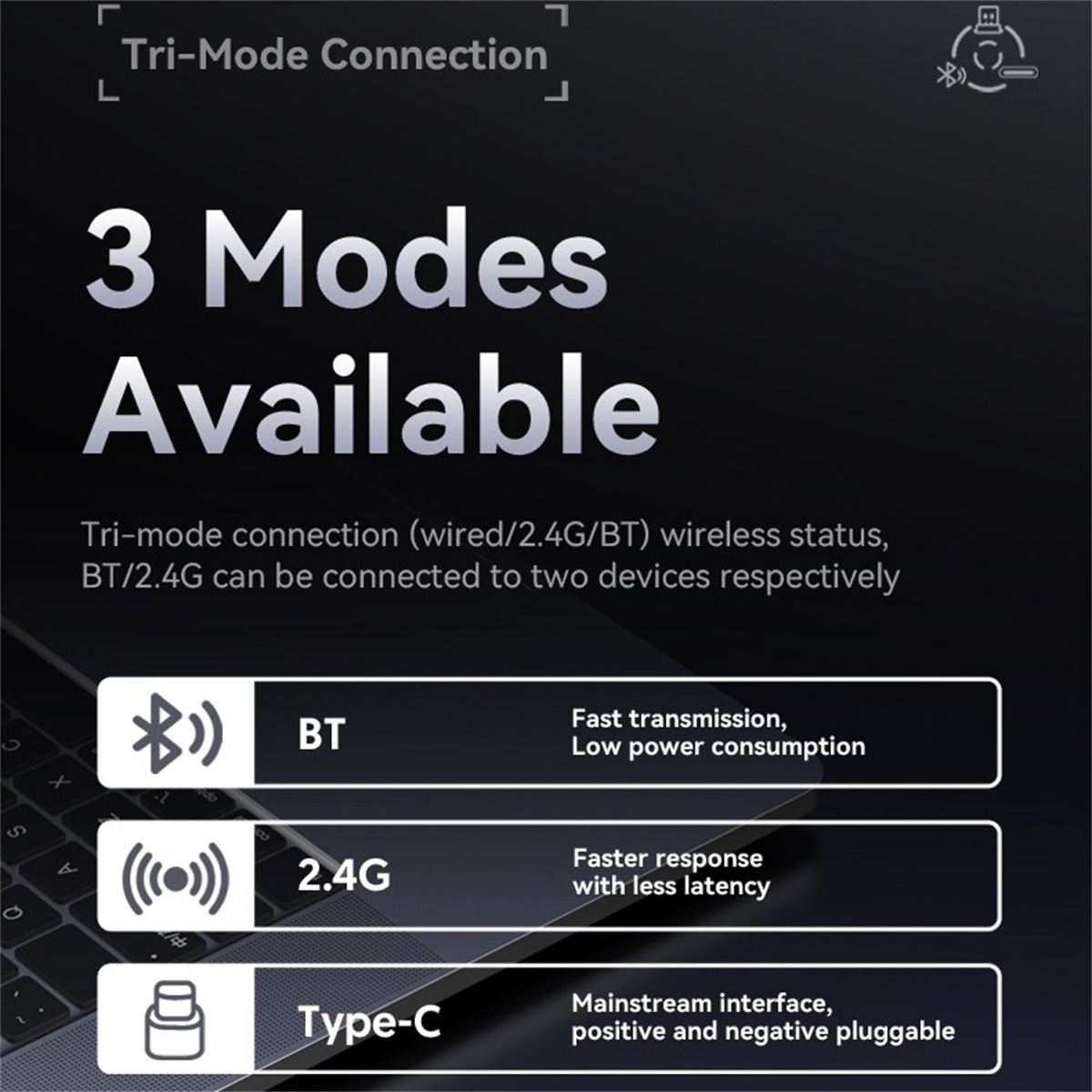 Diagramm, das 3 Modi zeigt: BT, 2.4G und Typ-C für drahtlose Verbindung.
