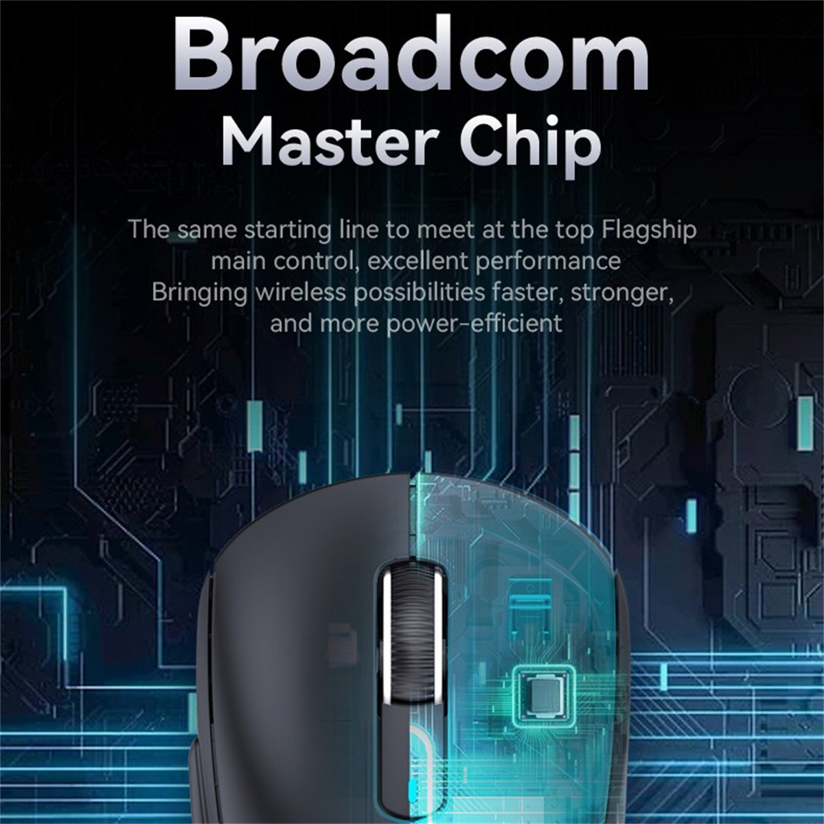 Eine Computermaus. Das Bild zeigt eine halbierte Maus mit Text über den Chip.