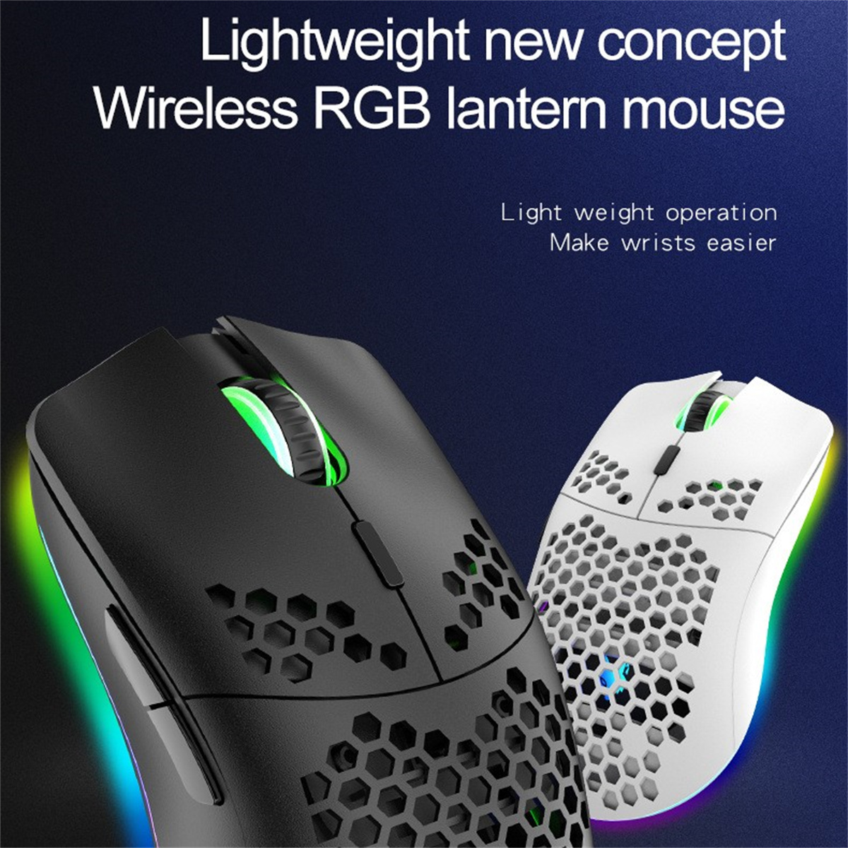 Zwei kabellose RGB-Laternenmäuse. Eine ist schwarz und die andere ist weiß.