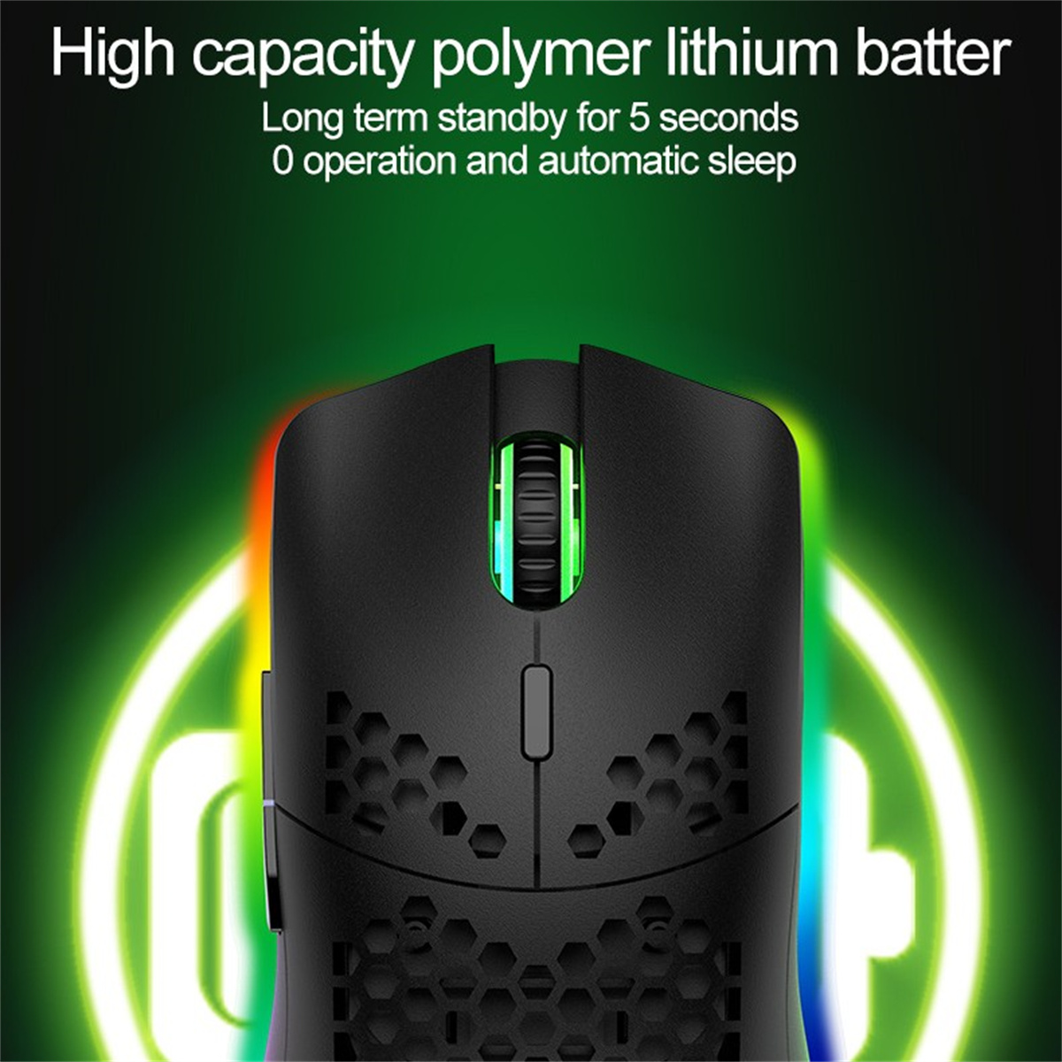 Schwarze Gaming-Maus mit RGB-Beleuchtung, mit Fokus auf die Oberseite und die 3D-Rolle.