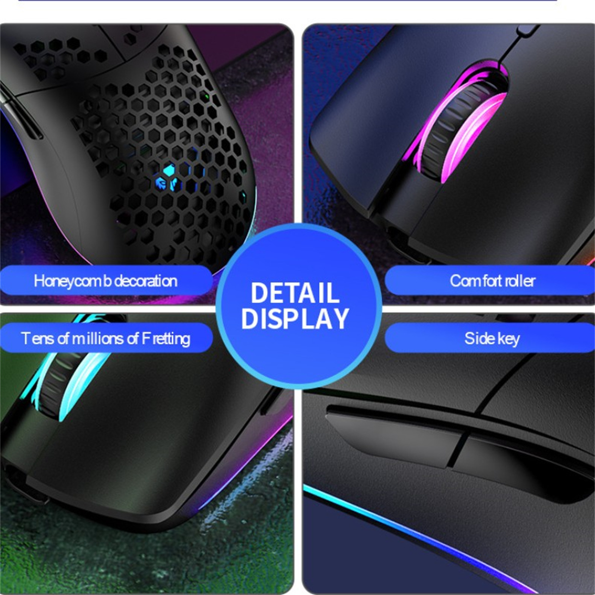 Nahaufnahme einer Gaming-Maus. Zeigt Wabenmuster, Rolle und Seitentasten mit RGB-Beleuchtung.
