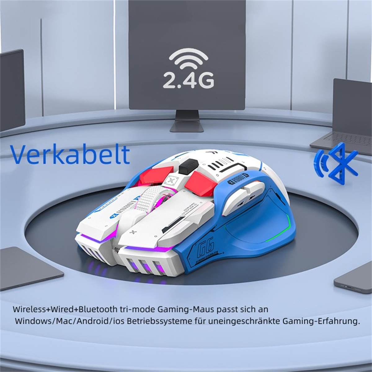 Gaming-Maus mit blauem und weißem Design, Text und Logo.