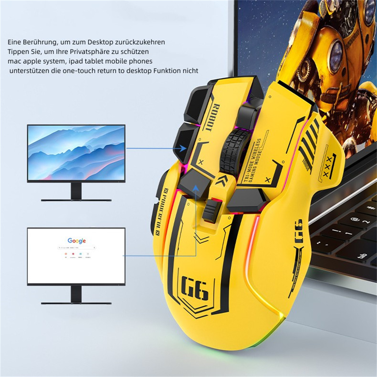 Gelbe Gaming-Maus mit Details, auf einer Oberfläche in der Nähe von Laptop und Monitor.