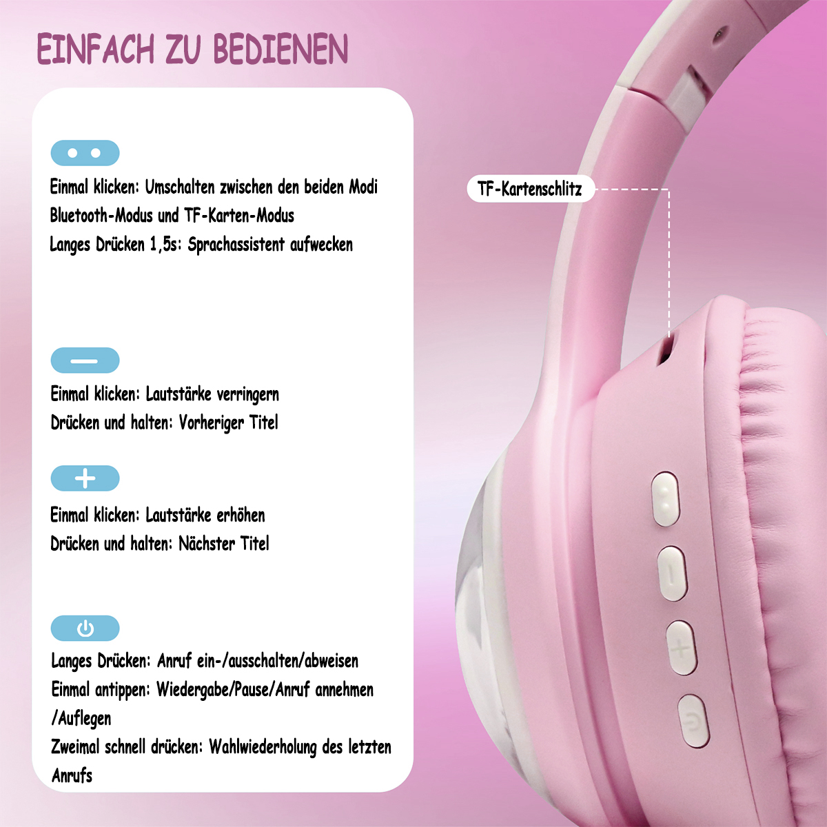 Pinke Kopfhörer mit Knöpfen. Text auf Deutsch beschreibt Funktionen.
