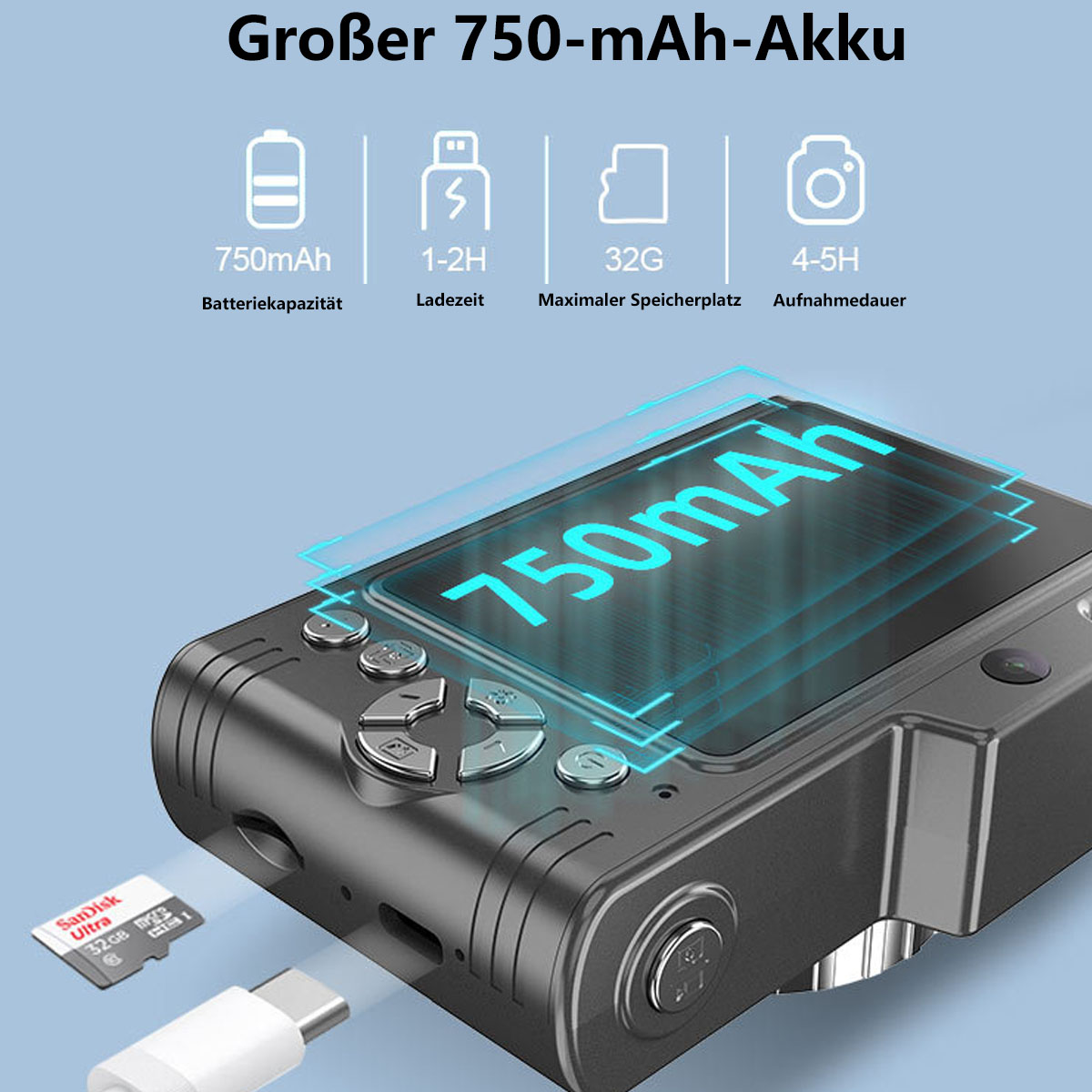 Una cámara negra con batería de 750mAh y una tarjeta SD.