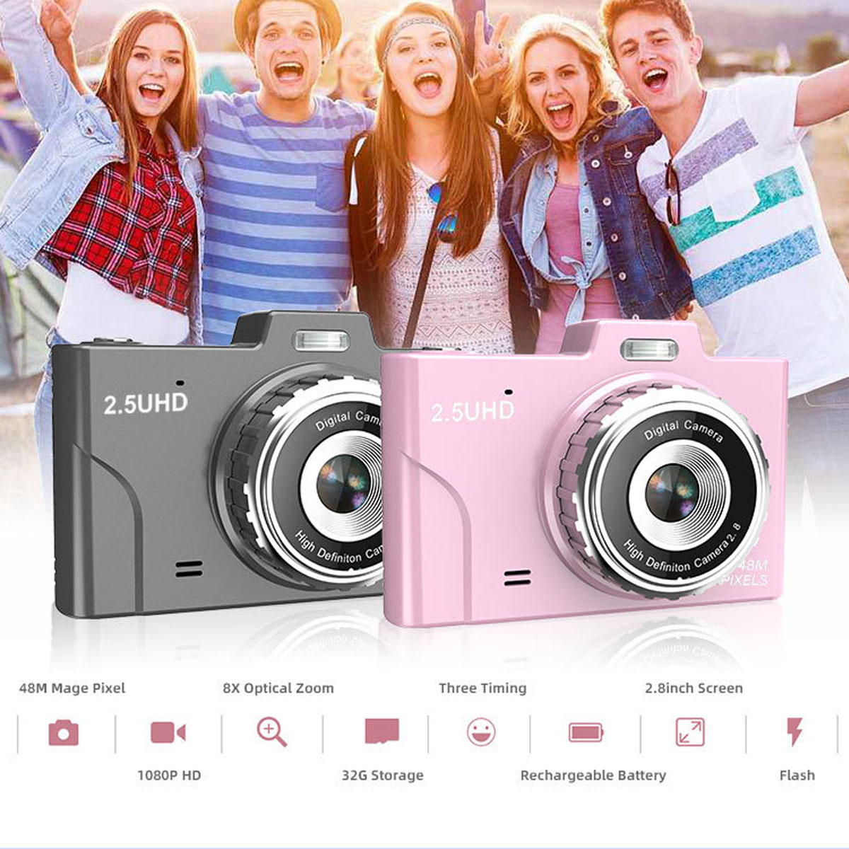Dos cámaras: una gris, una rosa, sostenidas por personas sonriendo. Texto: 2.5UHD, 48MP, zoom 8X.