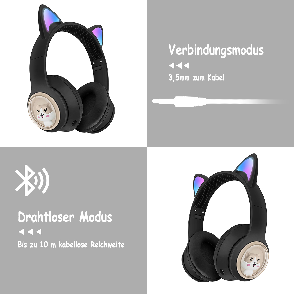 Schwarze Katzenohr-Kopfhörer mit Bedienelementen und Text, der Funktionen beschreibt.