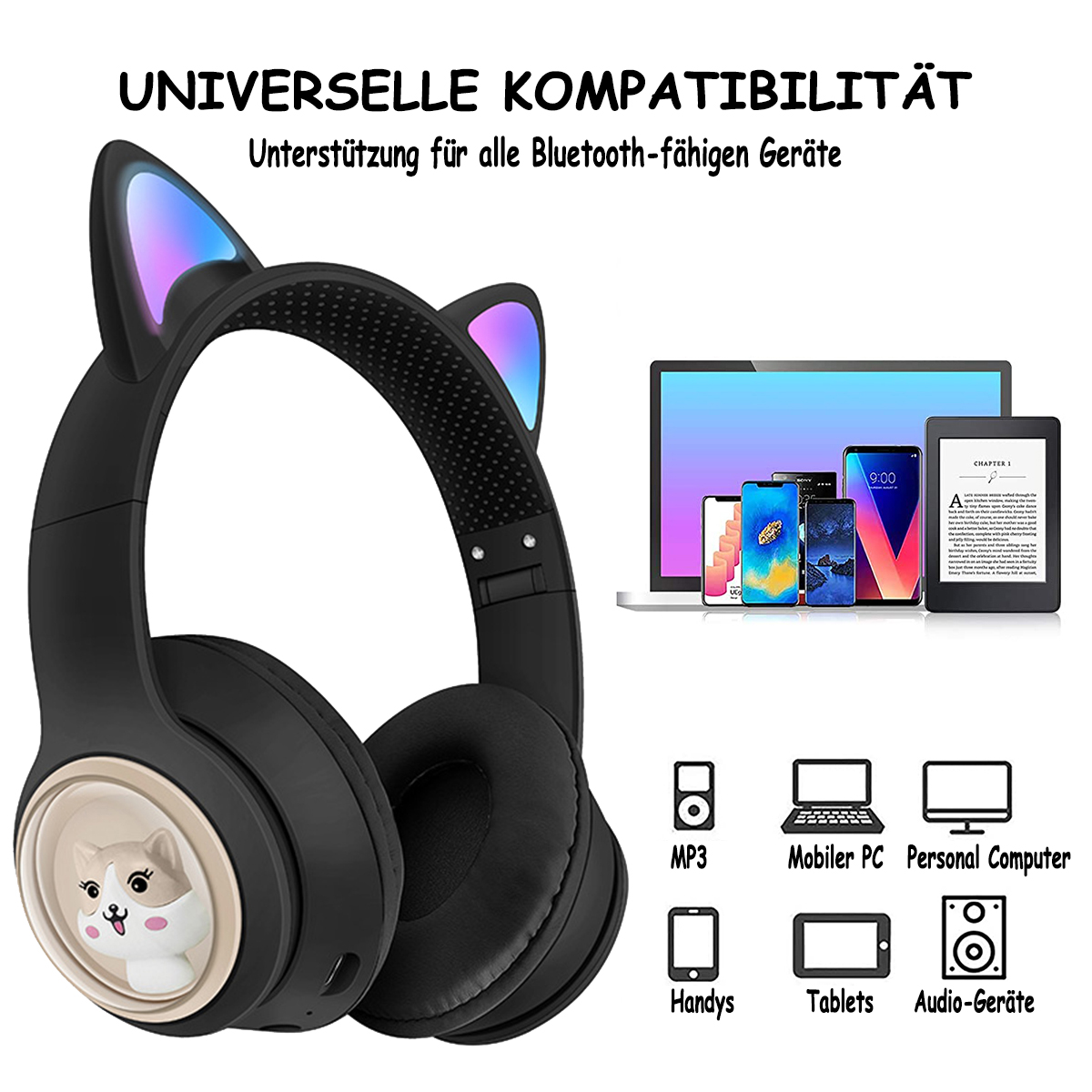 Schwarze Katzenohr-Kopfhörer, mit Bildern von Geräten, die universelle Kompatibilität zeigen.