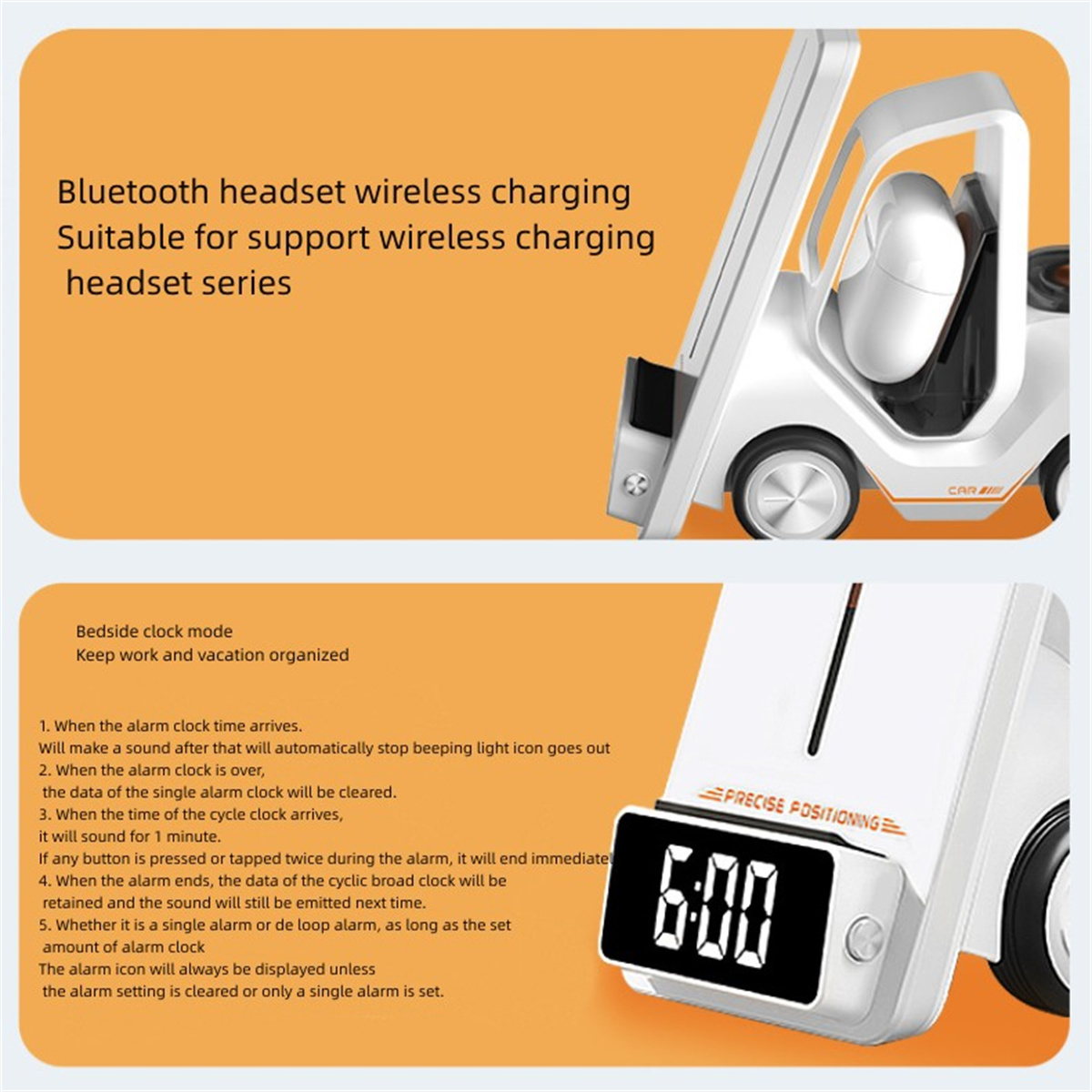 Weißes Gerät mit Anzeige 6:00. Text über Wecker und Bluetooth-Headset-Aufladung.