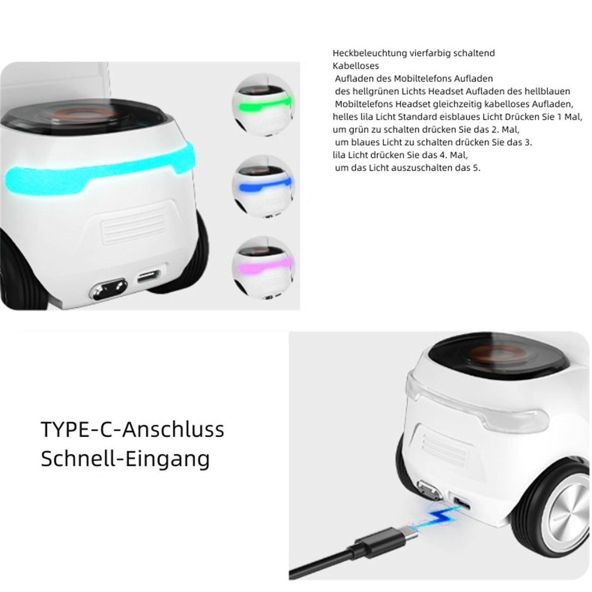 Weißes Gerät mit farbigen Lichtern, einem schwarzen Rad und einem Typ-C-Anschluss.