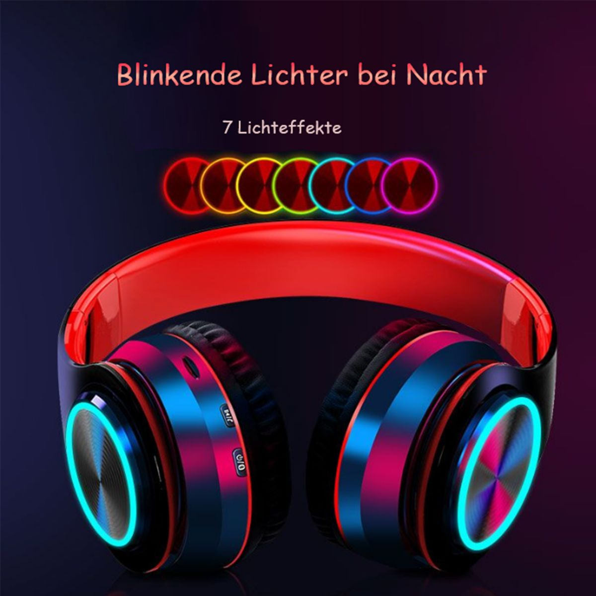 Rote und schwarze Kopfhörer mit blauem und pinkfarbenem Leuchten. Lichter vor dunklem Hintergrund.