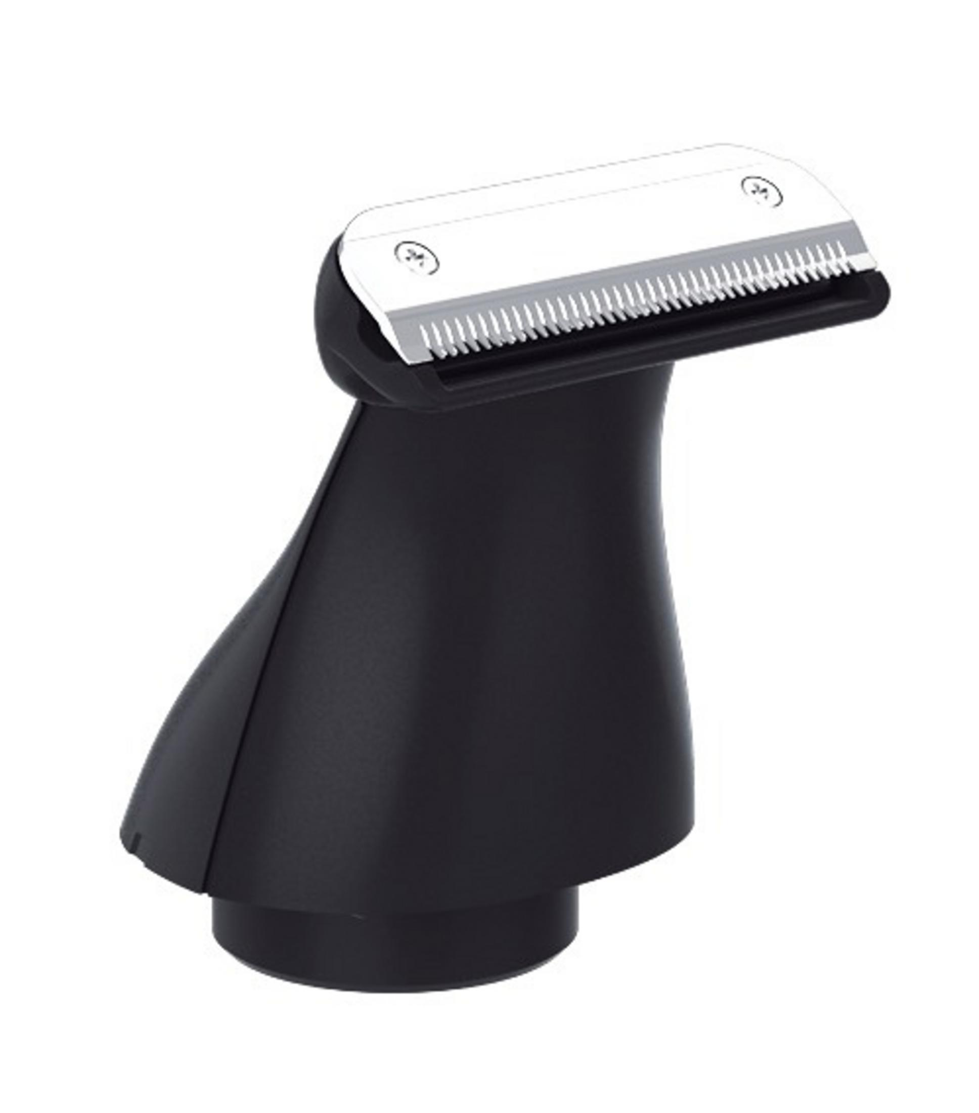 Czarna i srebrna głowica golarki elektrycznej. Ostrza są widoczne u góry.