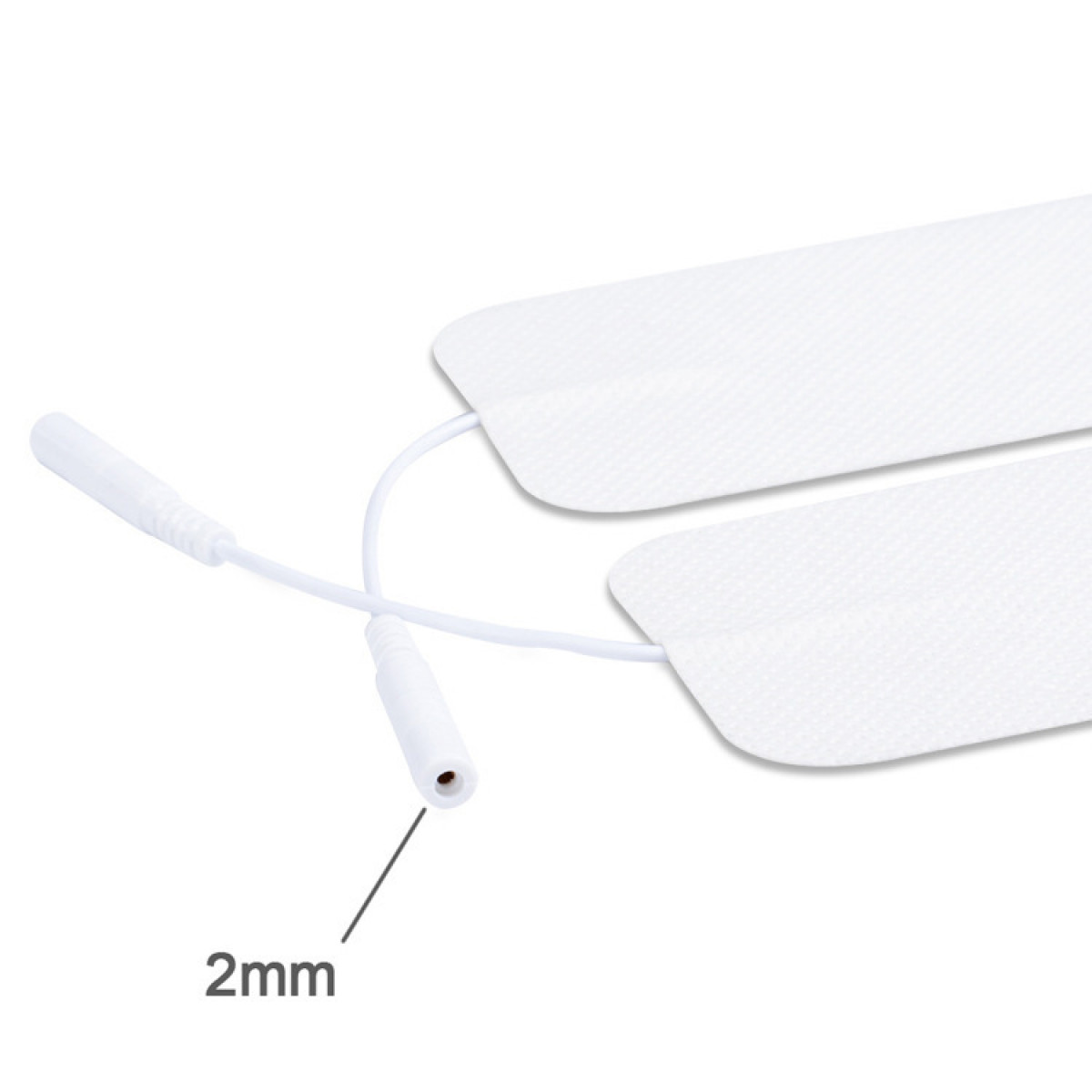 Zwei weiße Elektrodenpads mit Anschlussdrähten und einem 2-mm-Stecker.