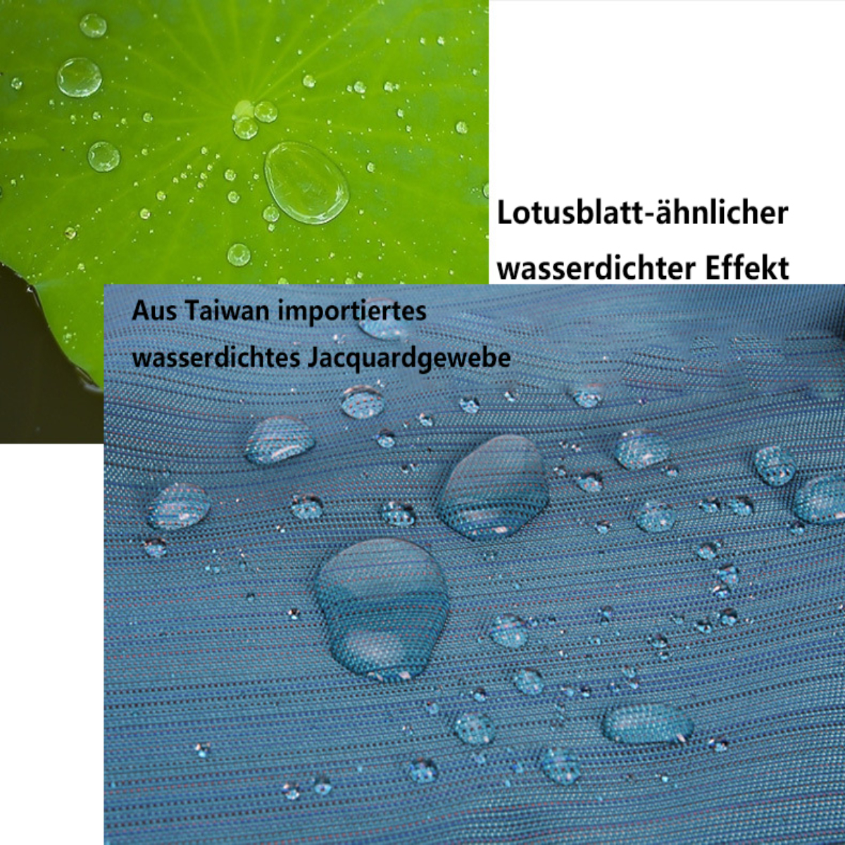 Wassertropfen auf grünem Lotusblatt und blauem Stoff, mit deutschem Text.