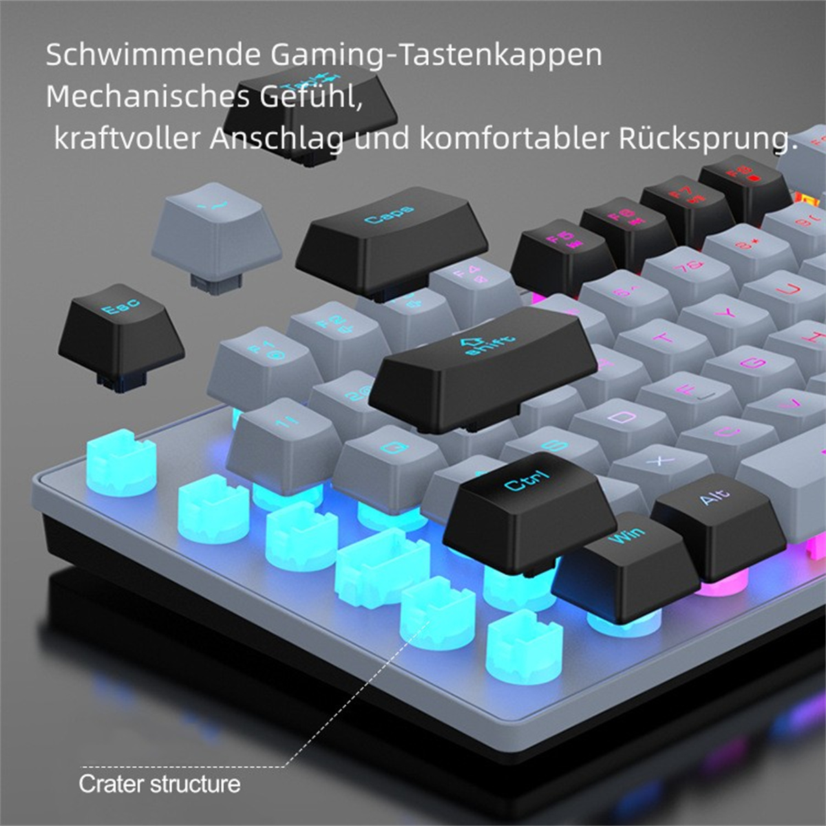 Tastaturtasten, einige entfernt, mit blauer Beleuchtung unter den Tasten. Graue und schwarze Tasten sind vorhanden.