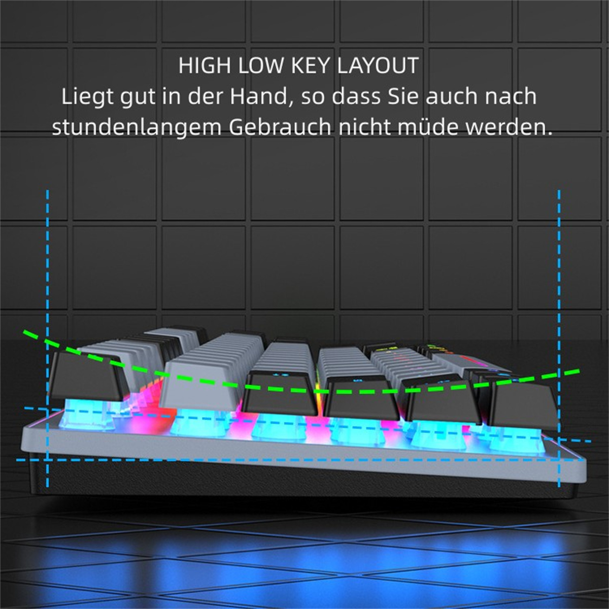 Nahaufnahme einer Tastatur mit beleuchteten Tasten, mit einem Diagramm-Overlay, das das Tastenlayout zeigt.