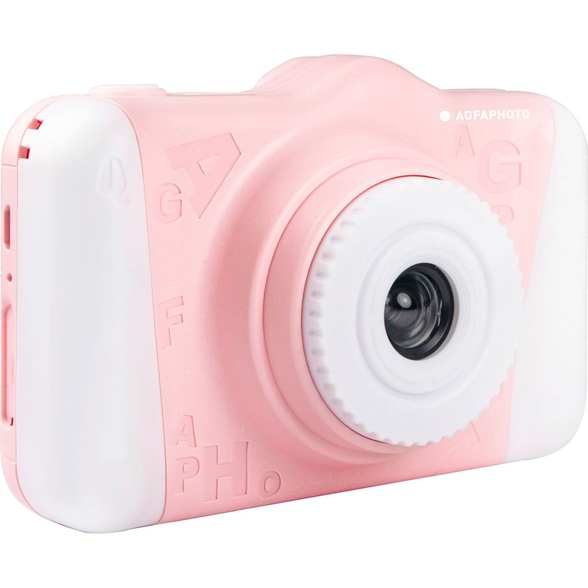 Eine rosa-weiße AgfaPhoto Kamera. Die Kamera hat ein Objektiv, Blitz und den Markennamen auf der Vorderseite.