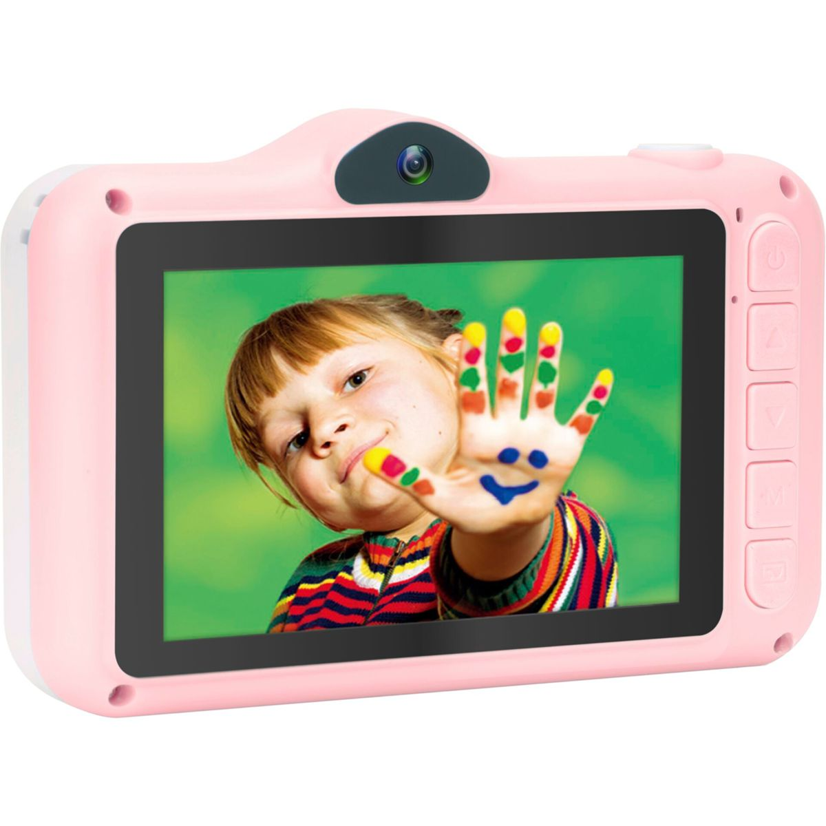 Rosa Kamera mit einem jungen Mädchen, das ihre Hand mit bemalten Fingern und einem Smiley hochhält.