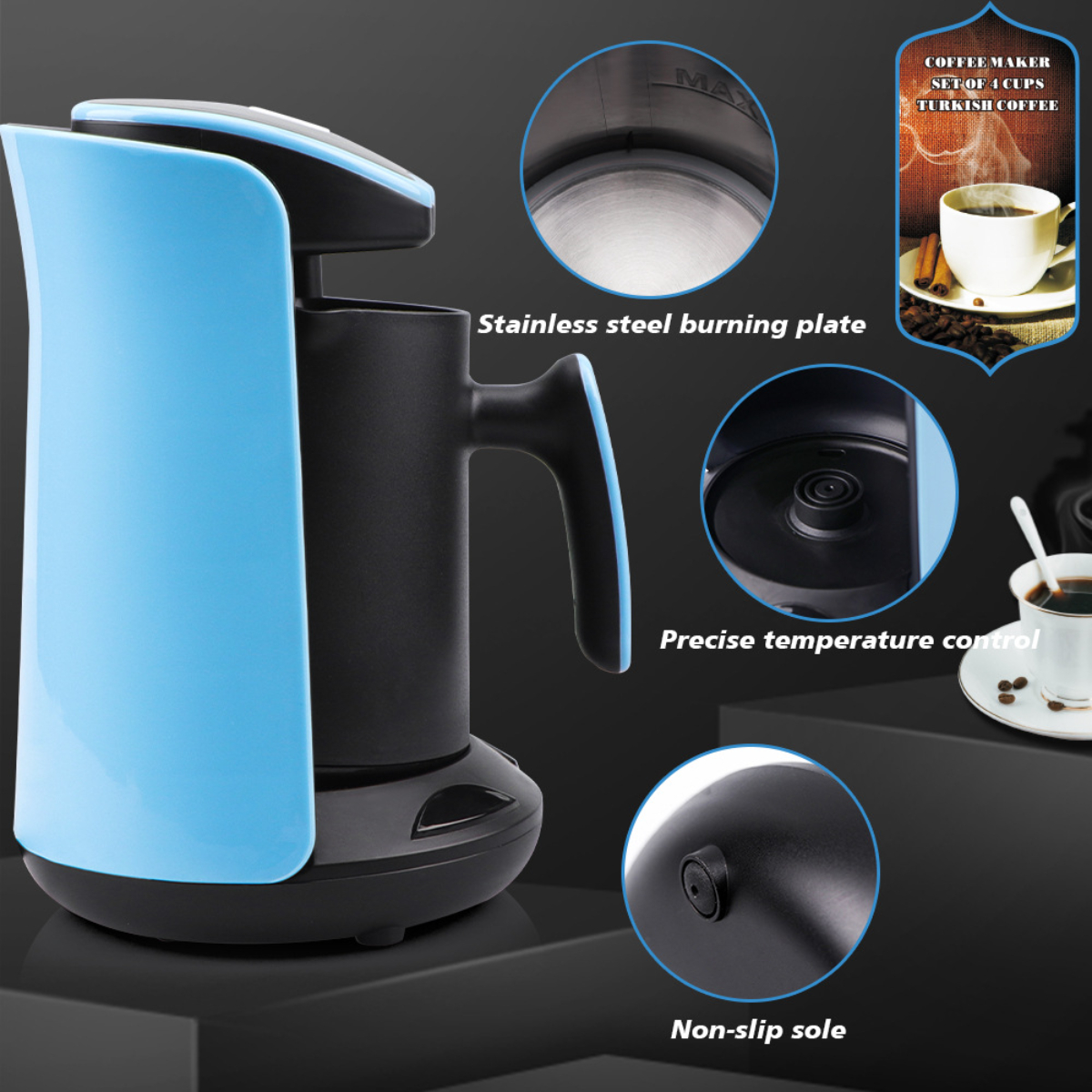 Cafetera azul y negra con descripciones de características y taza de café.