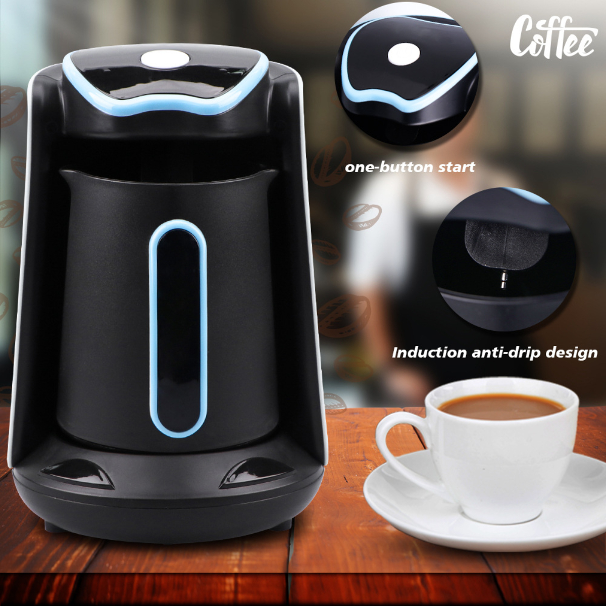 Cafetera negra con detalles azules, un botón de inicio y una taza de café.