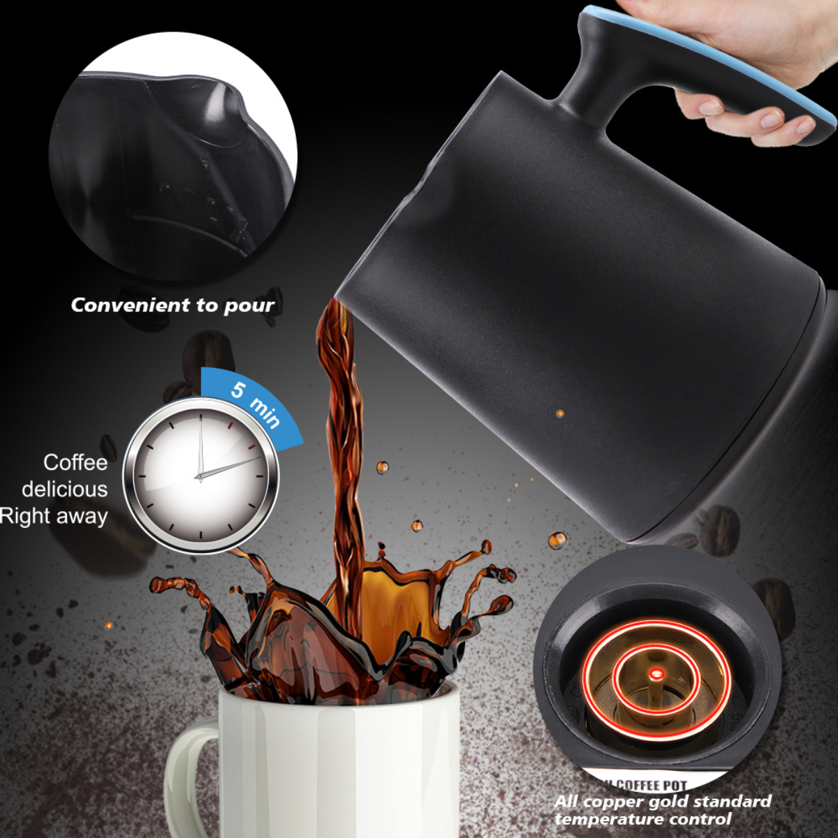 Café siendo vertido en una taza blanca. Temporizador y detalle de cafetera. Fondo negro.
