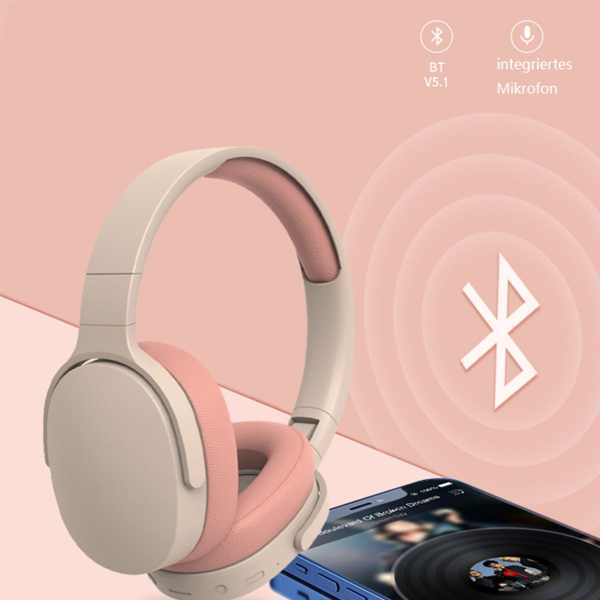 Kabellose Kopfhörer, hellgrau und rosa. Telefon zeigt Musik. Rosa Hintergrund.