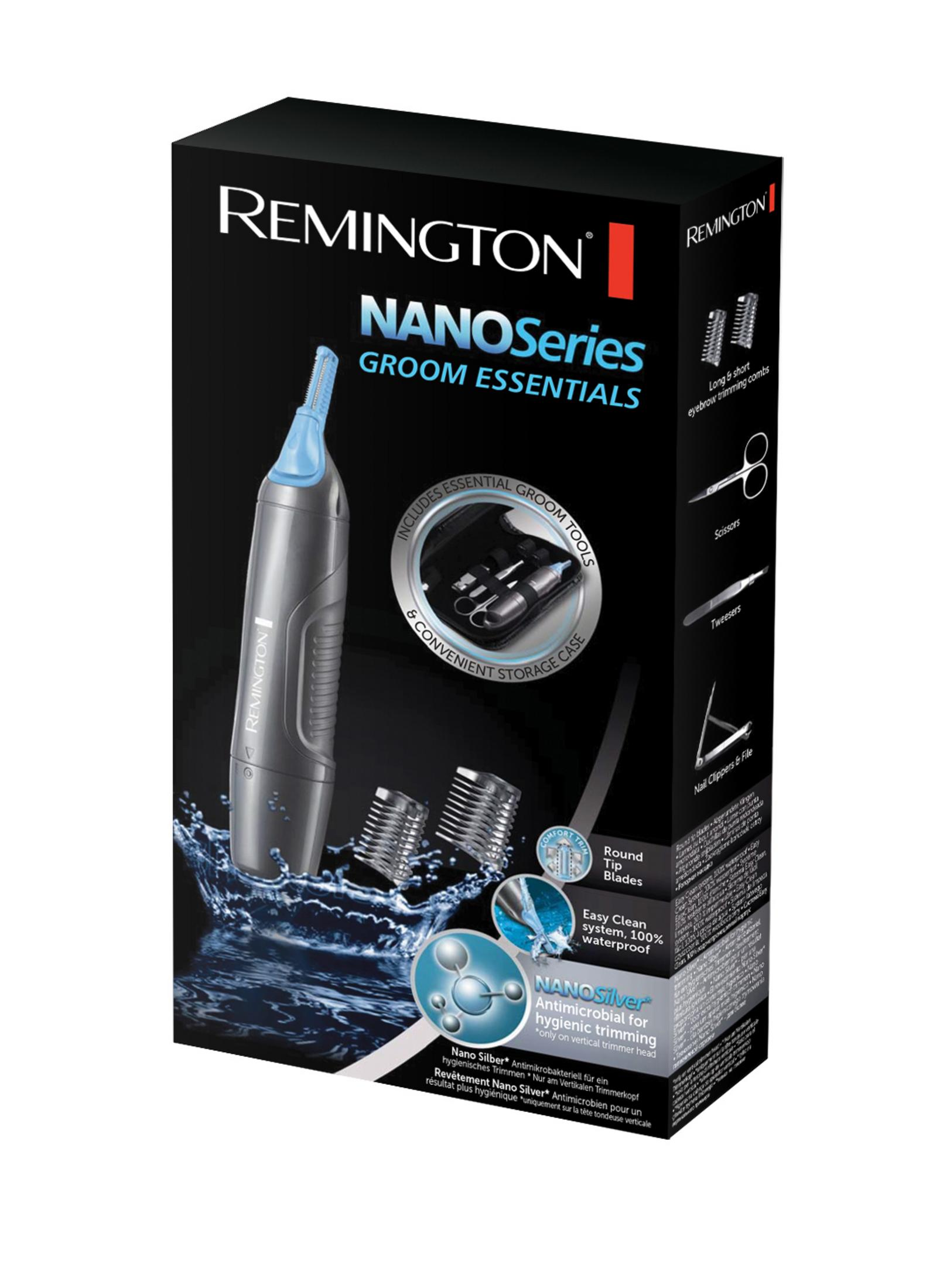 Box mit einem Remington NANOseries Groom Essentials Set. Enthält Trimmer und Zubehör, mit Wassertropfen.