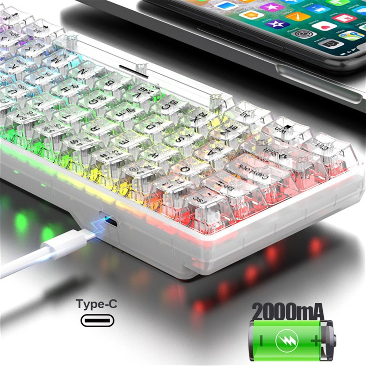 Weiße Tastatur mit transparenten Tasten und Regenbogenbeleuchtung. Ein Telefon liegt darüber.