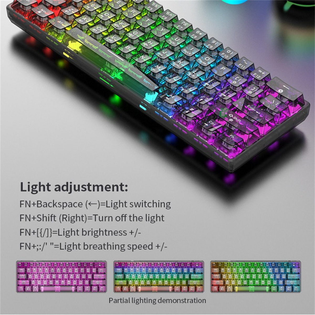 Eine regenbogenfarbene Tastatur mit Lichtanpassungsanweisungen und drei Farbauswahlmöglichkeiten darunter.