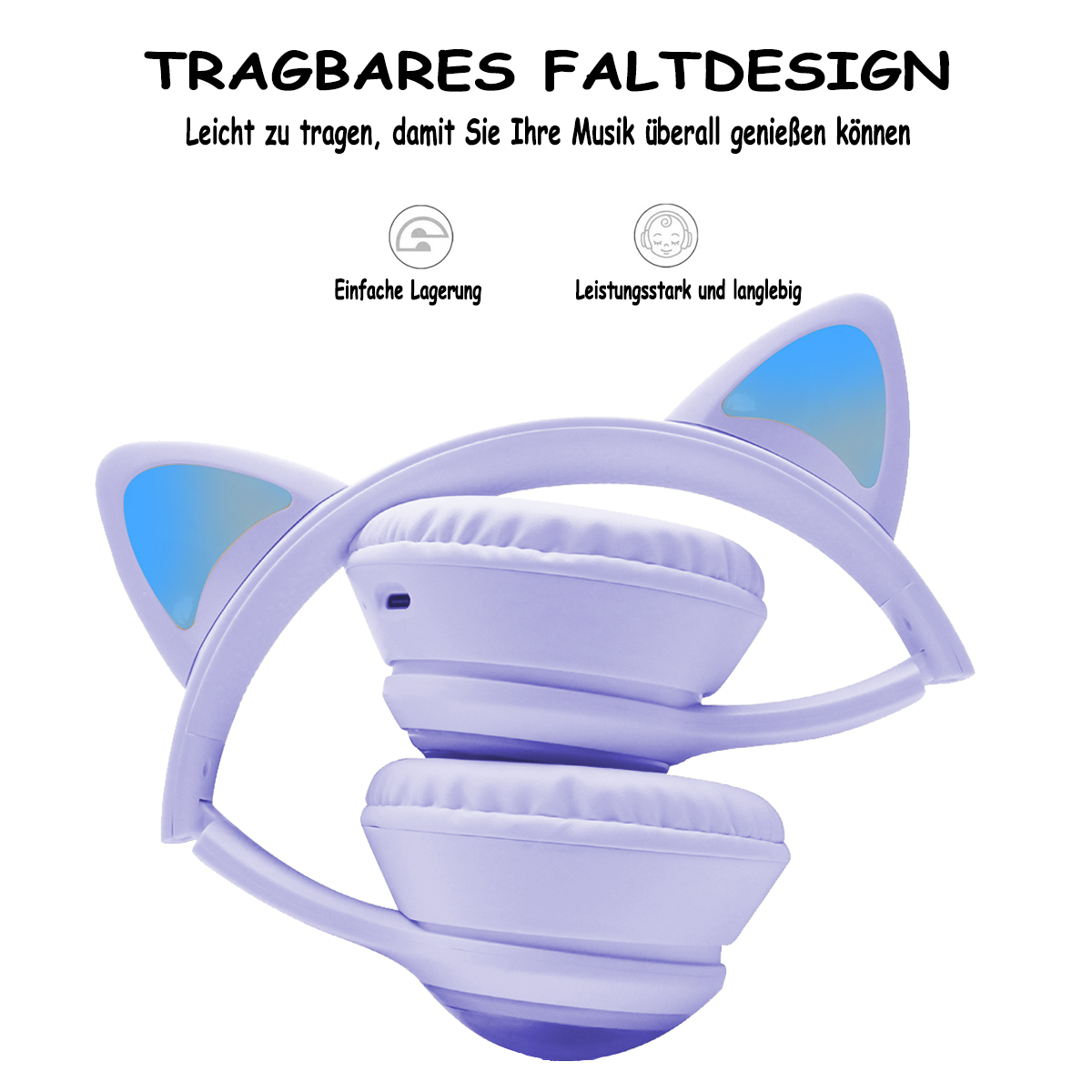 Gefaltete lila Katzenohrhörer mit Text über tragbares Design und Funktionen.