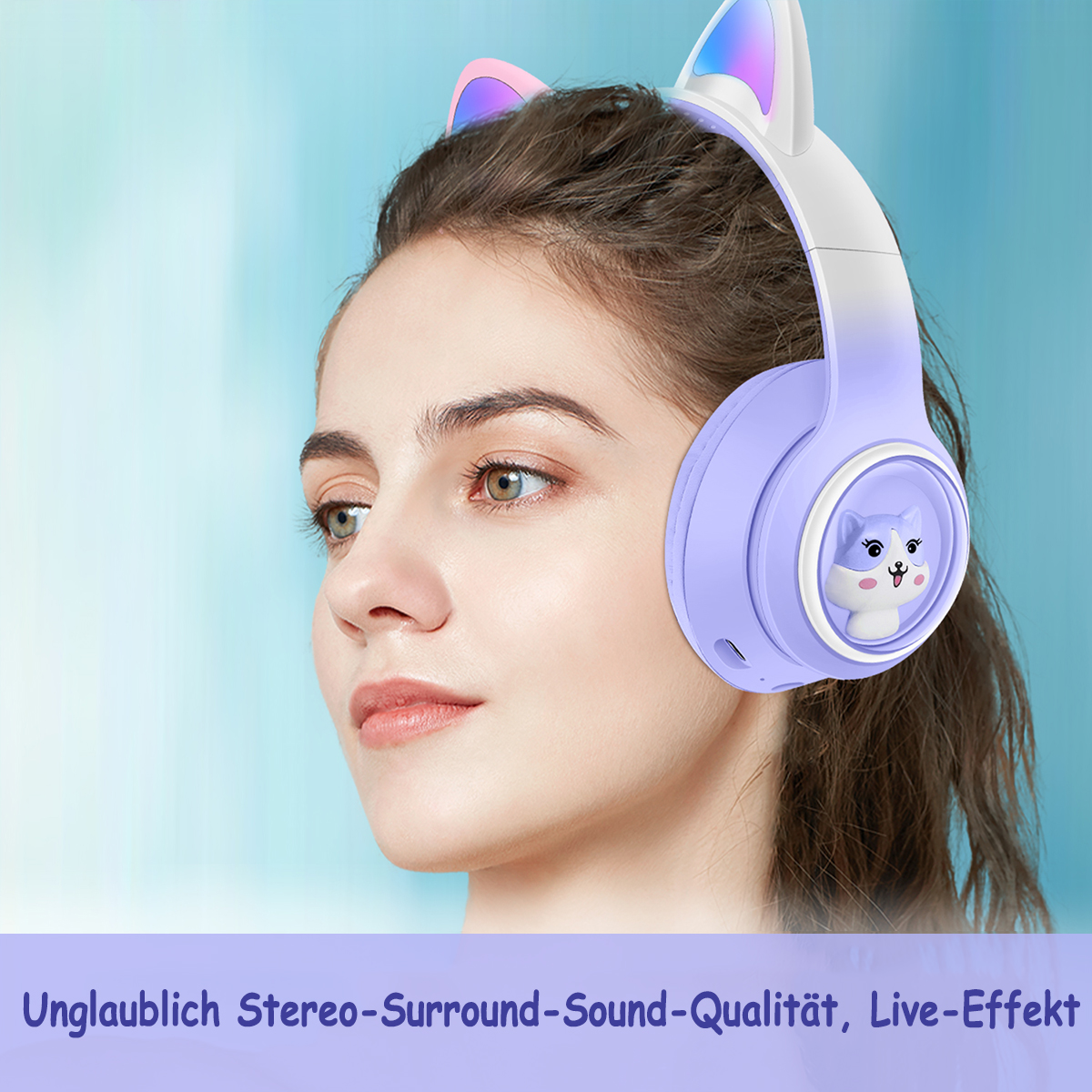 Frau mit Katzenohrkopfhörern. Text unten: Unglaublich Stereo-Surround-Sound-Qualität, Live-Effekt.