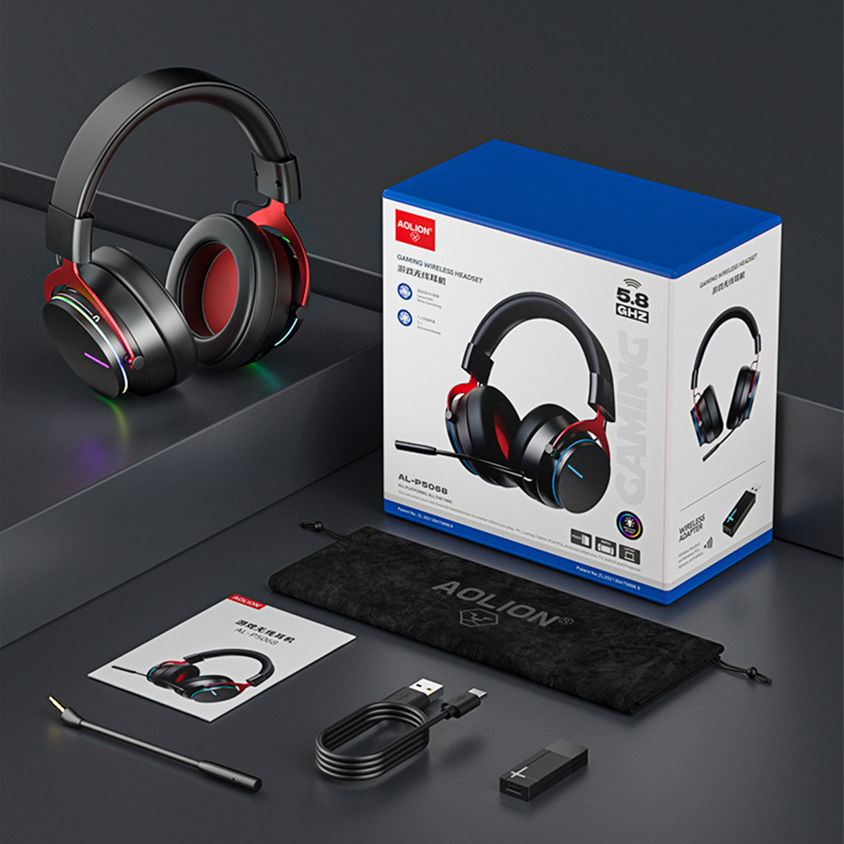 schwarz Kopfhörer Bluetooth geräuschunterdrückendem Over-ear Bluetooth Gaming-Headset mit Mikrofon KINSI Gaming-Headset, 5.8G