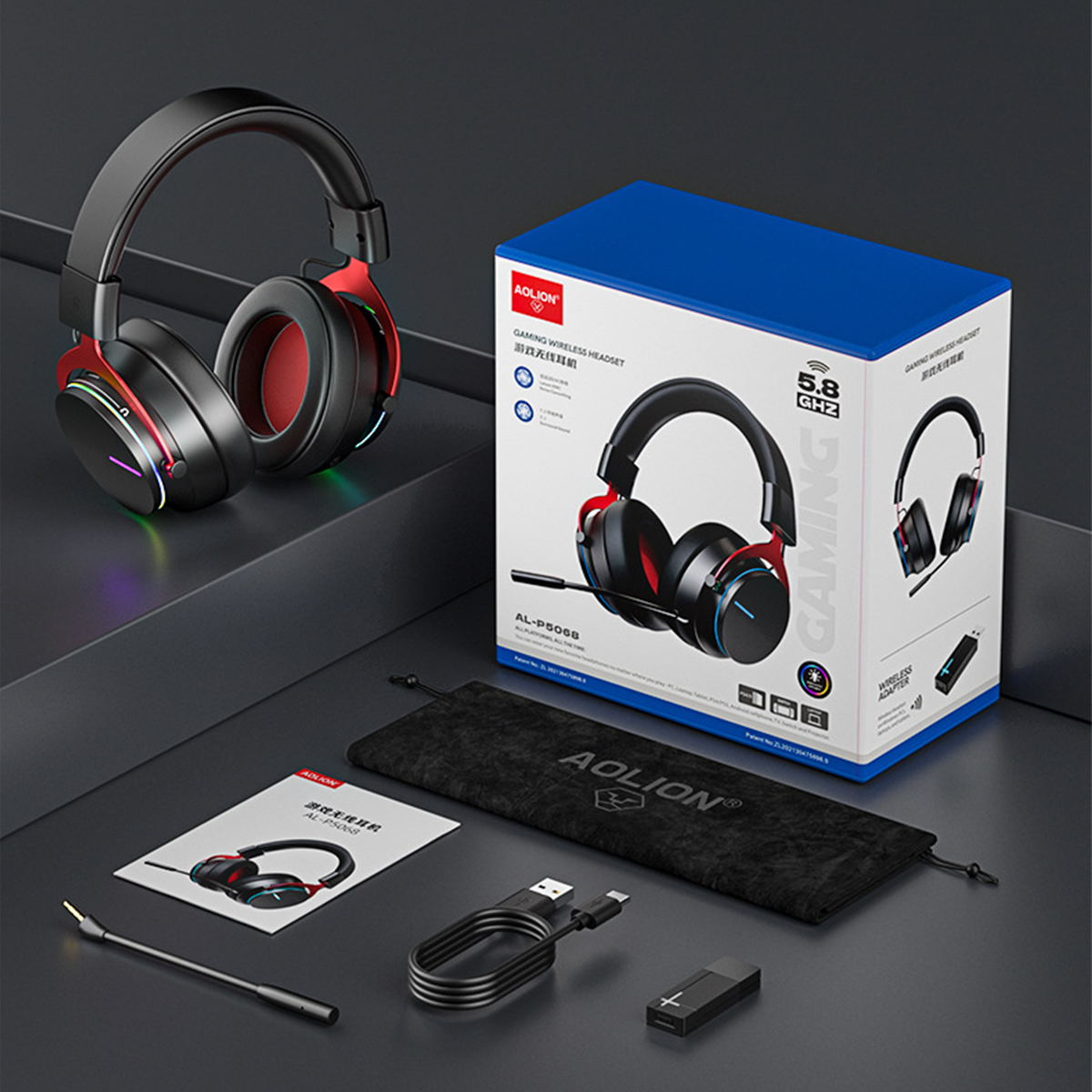 geräuschunterdrückendem Mikrofon KINSI Gaming-Headset 5.8G Over-ear mit Gaming-Headset, Bluetooth schwarz Kopfhörer Bluetooth