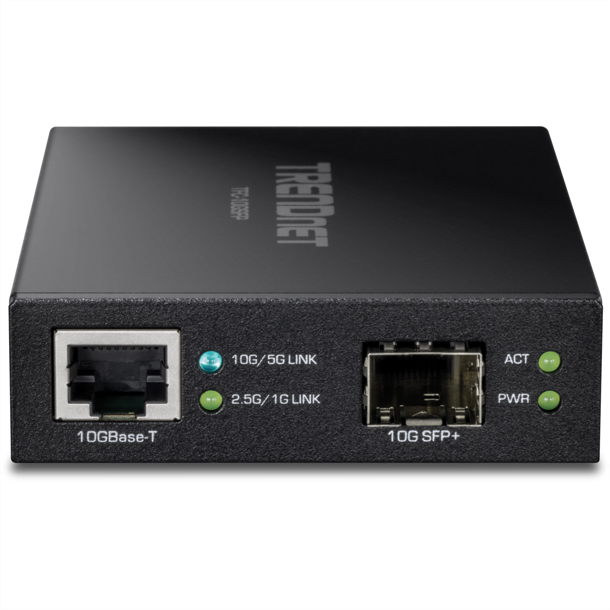 Appareil réseau TRENDnet TFC-105SP noir, avec ports et voyants verts/bleus.
