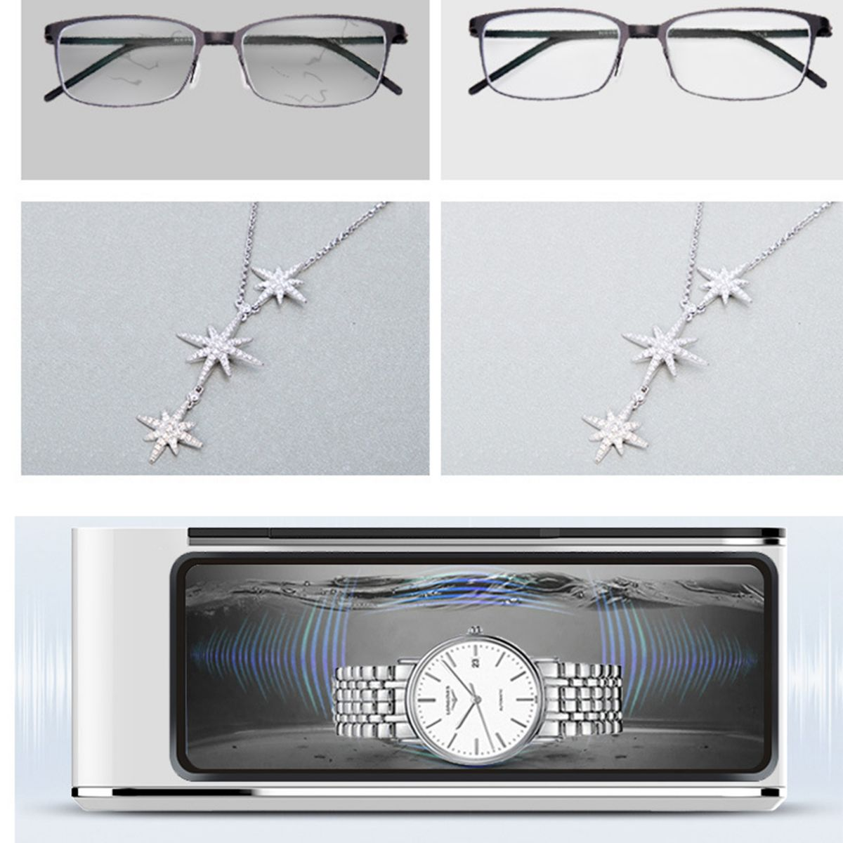 Bilder von Brillen und Schmuck. Die Gläser sind beschädigt und sauber. Schmuck wird gereinigt.