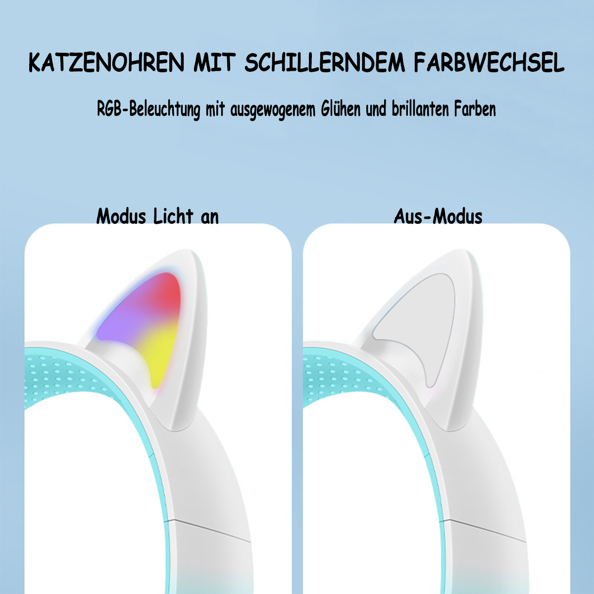 Katzenohr-Kopfhörer mit Farbwechsel. Weiße Kopfhörer mit leuchtenden Ohreinsätzen.