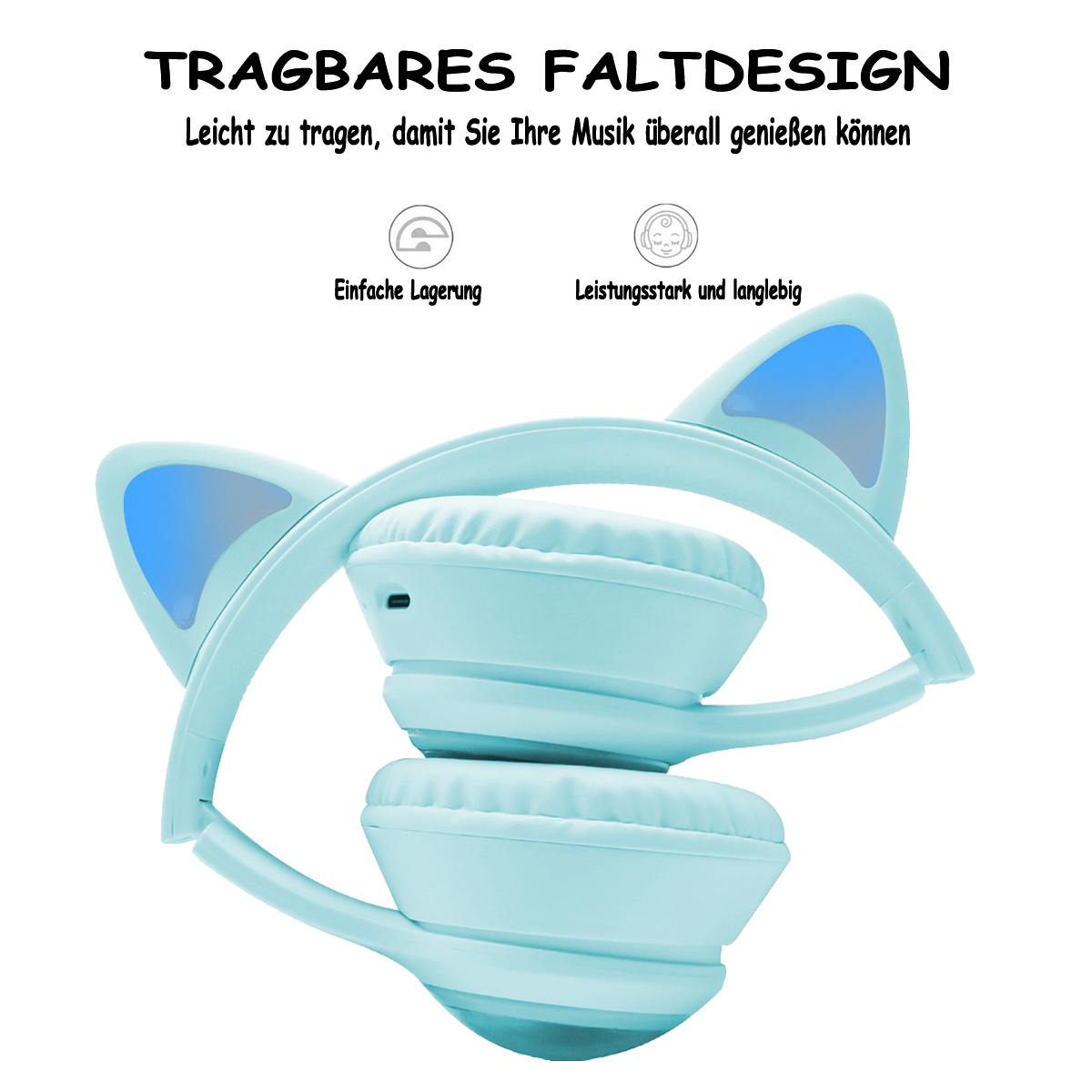 Blaue Katzenohr-Kopfhörer, gefaltet, mit weißem Text darüber, der 'Tragbares Faltdesign' sagt.