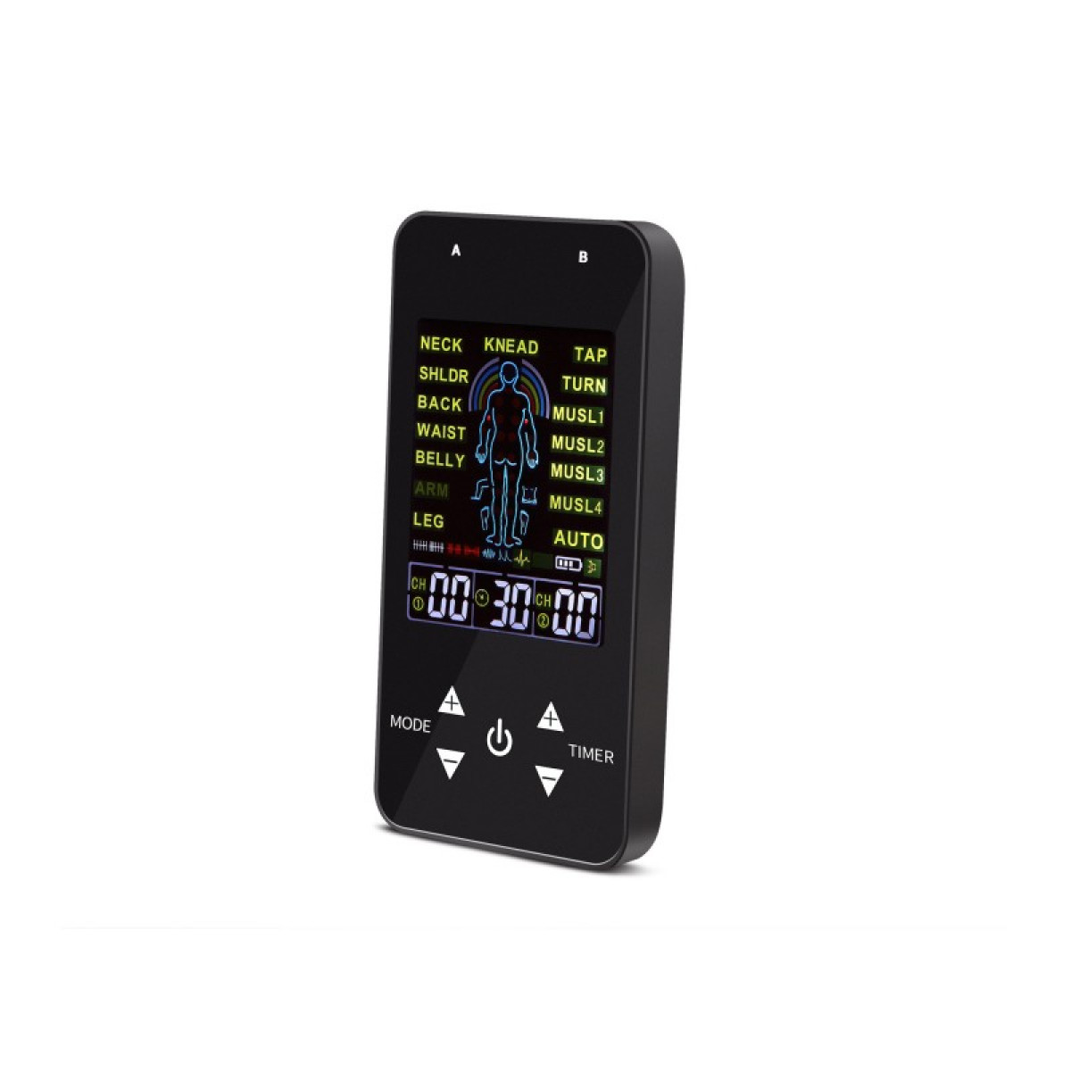 Czarne urządzenie do masażu. Ekran LCD z tekstem i przyciskami. Białe tło.