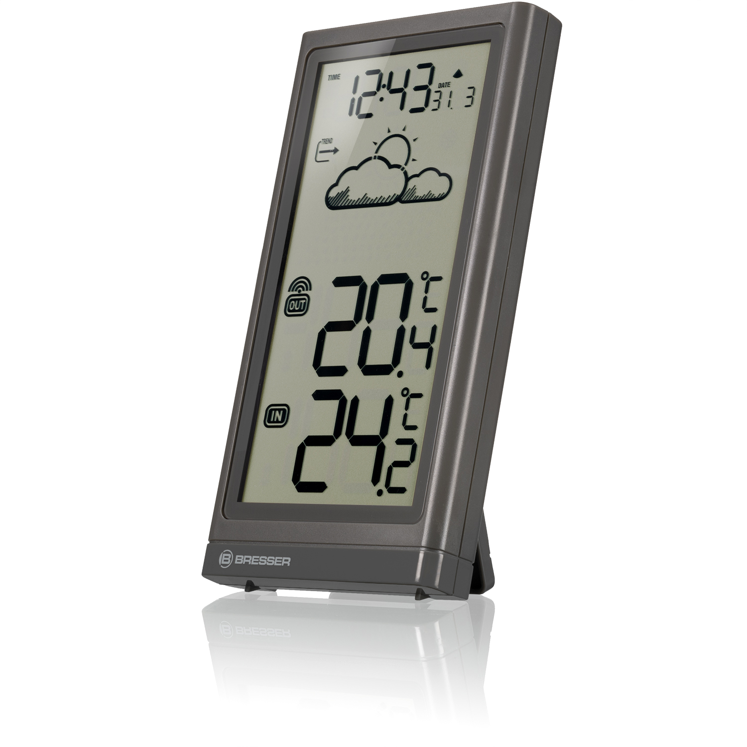 Graue Wetterstation zeigt Uhrzeit, Datum und Wettersymbole an. Zeigt Innen- und Außentemperaturen.