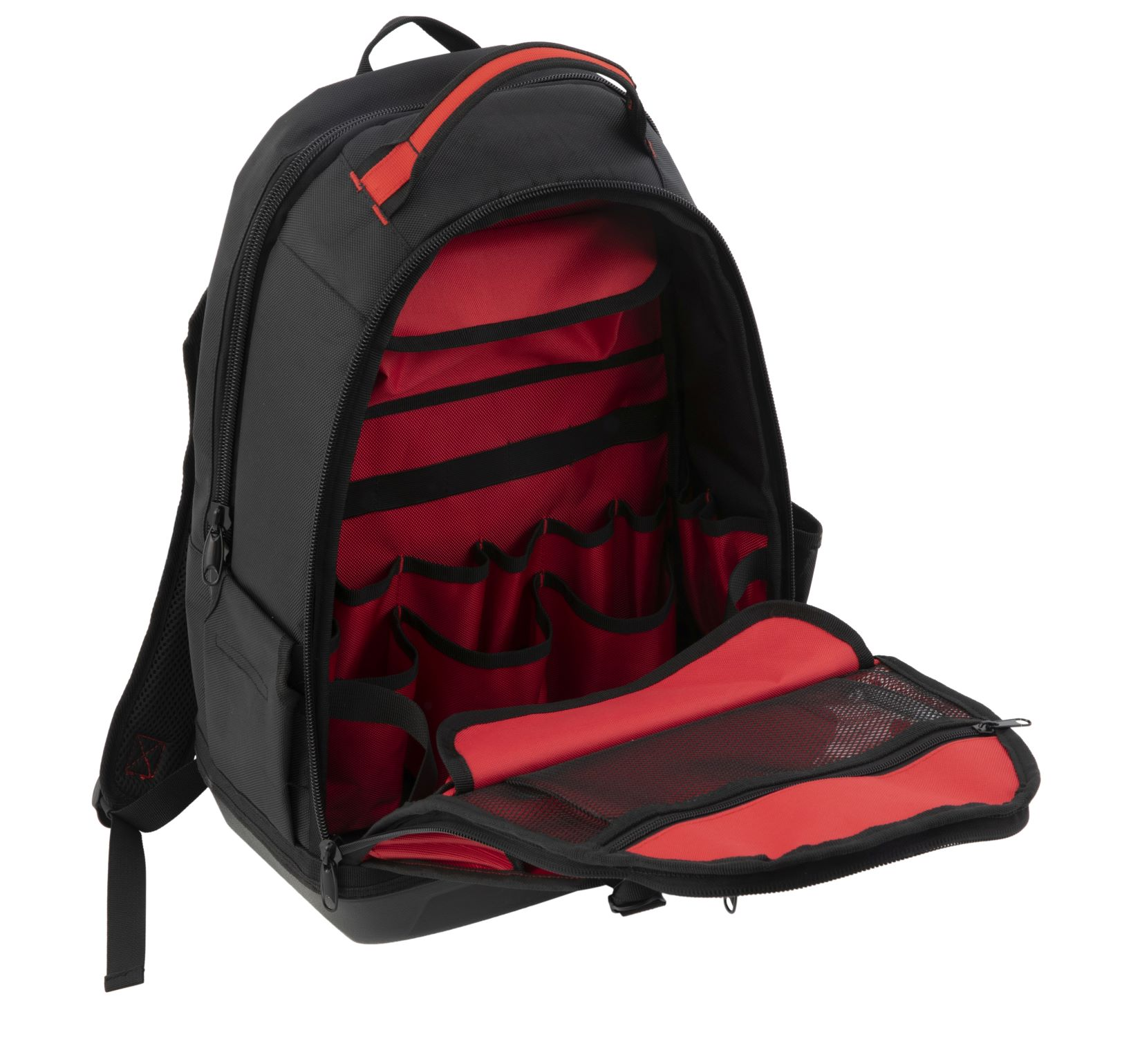 Schwarzer und roter Rucksack mit mehreren offenen Fächern, für Werkzeuge.
