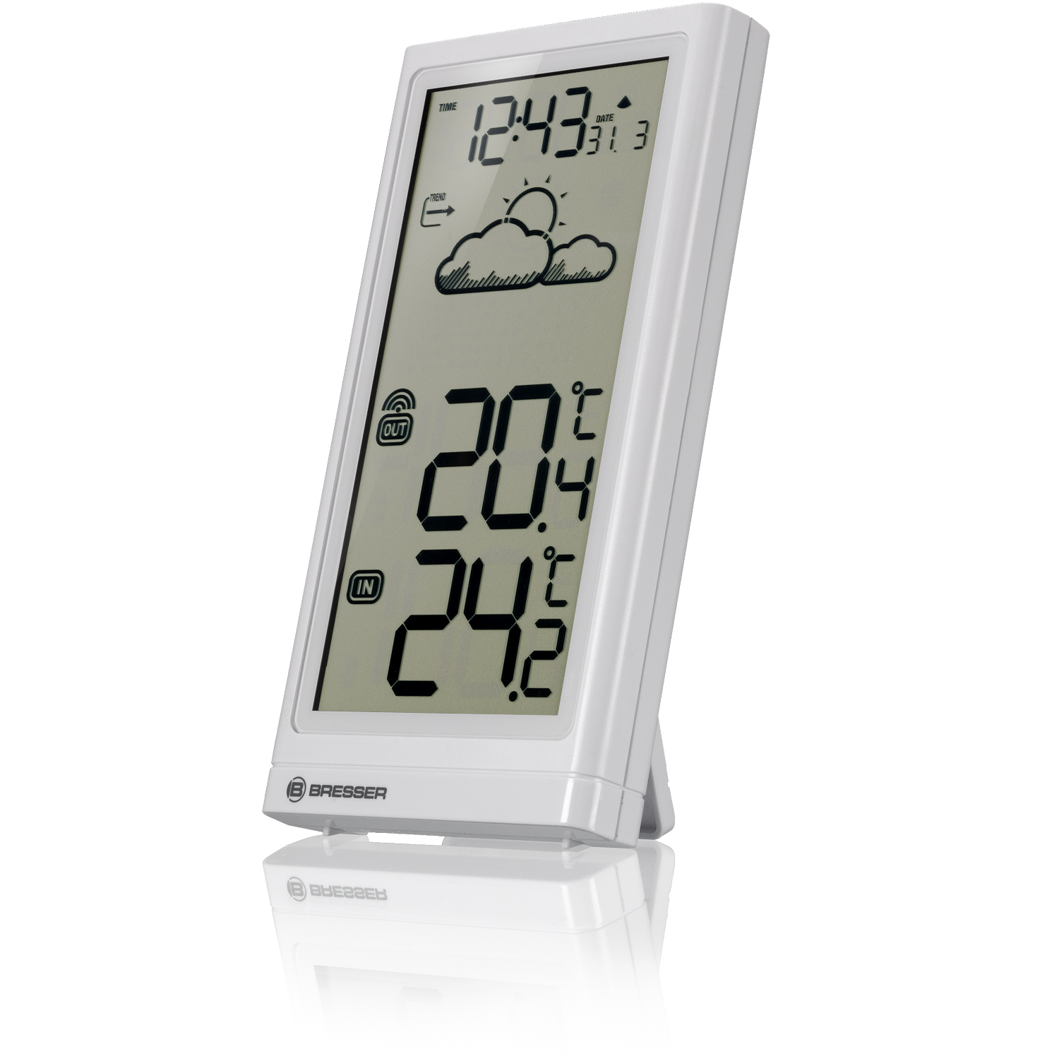 Eine weiße digitale Wetterstation mit Anzeige von Uhrzeit, Temperatur und Wettersymbolen.
