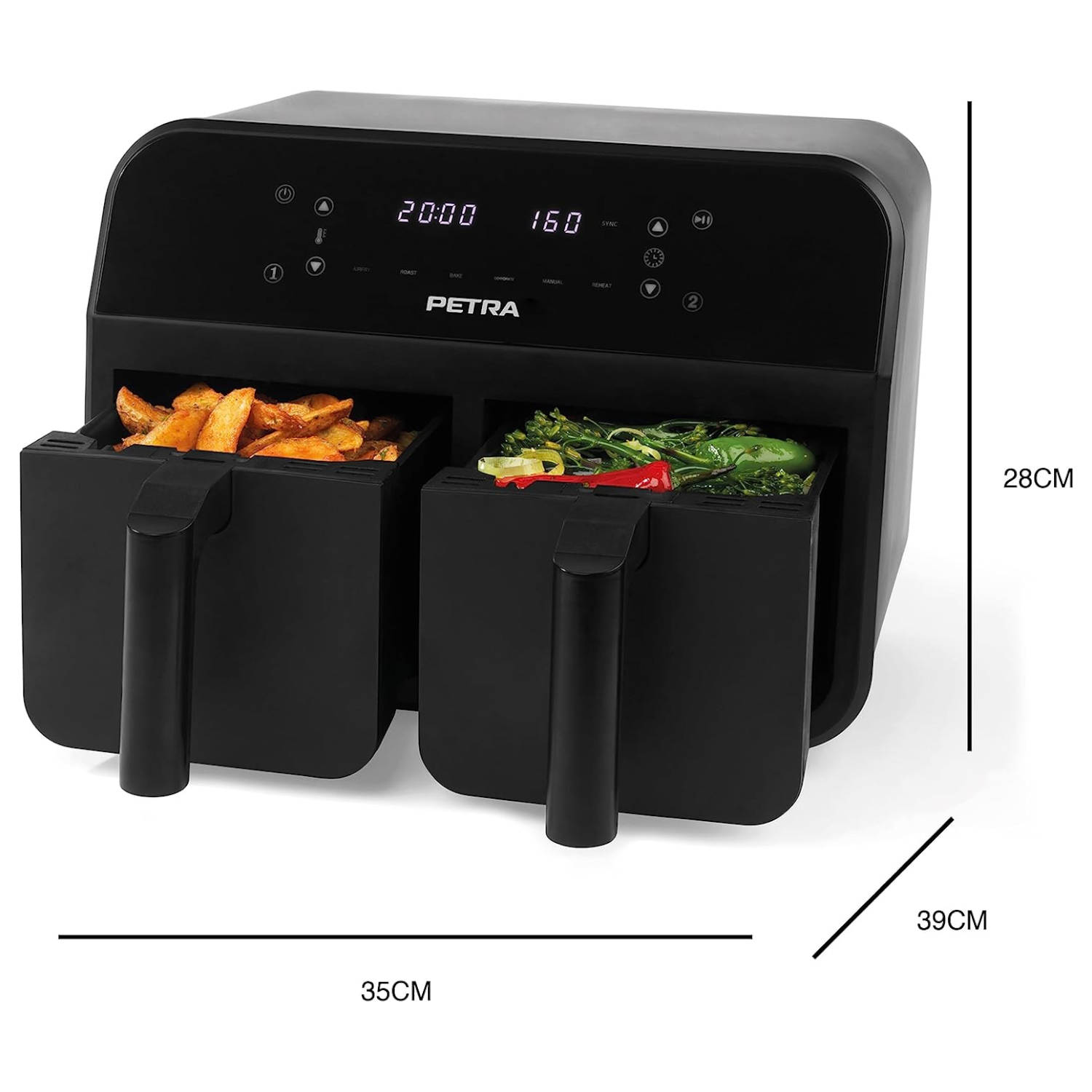 Friggitrice ad aria nera a doppio cestello con cibo all'interno, dimensioni 35x39x28cm.