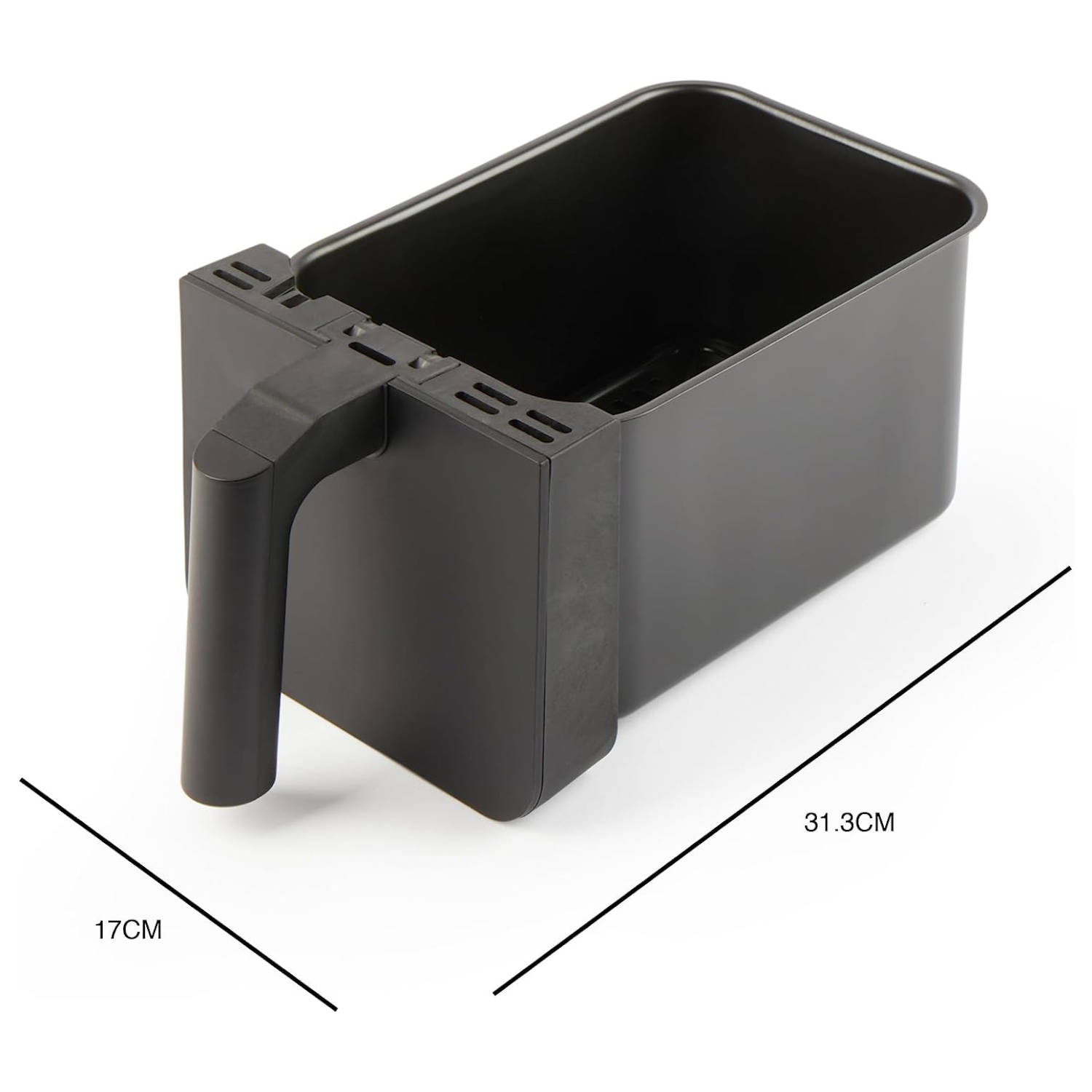 Cestello friggitrice ad aria nero con manico, dimensioni etichettate: 17cm x 31.3cm.