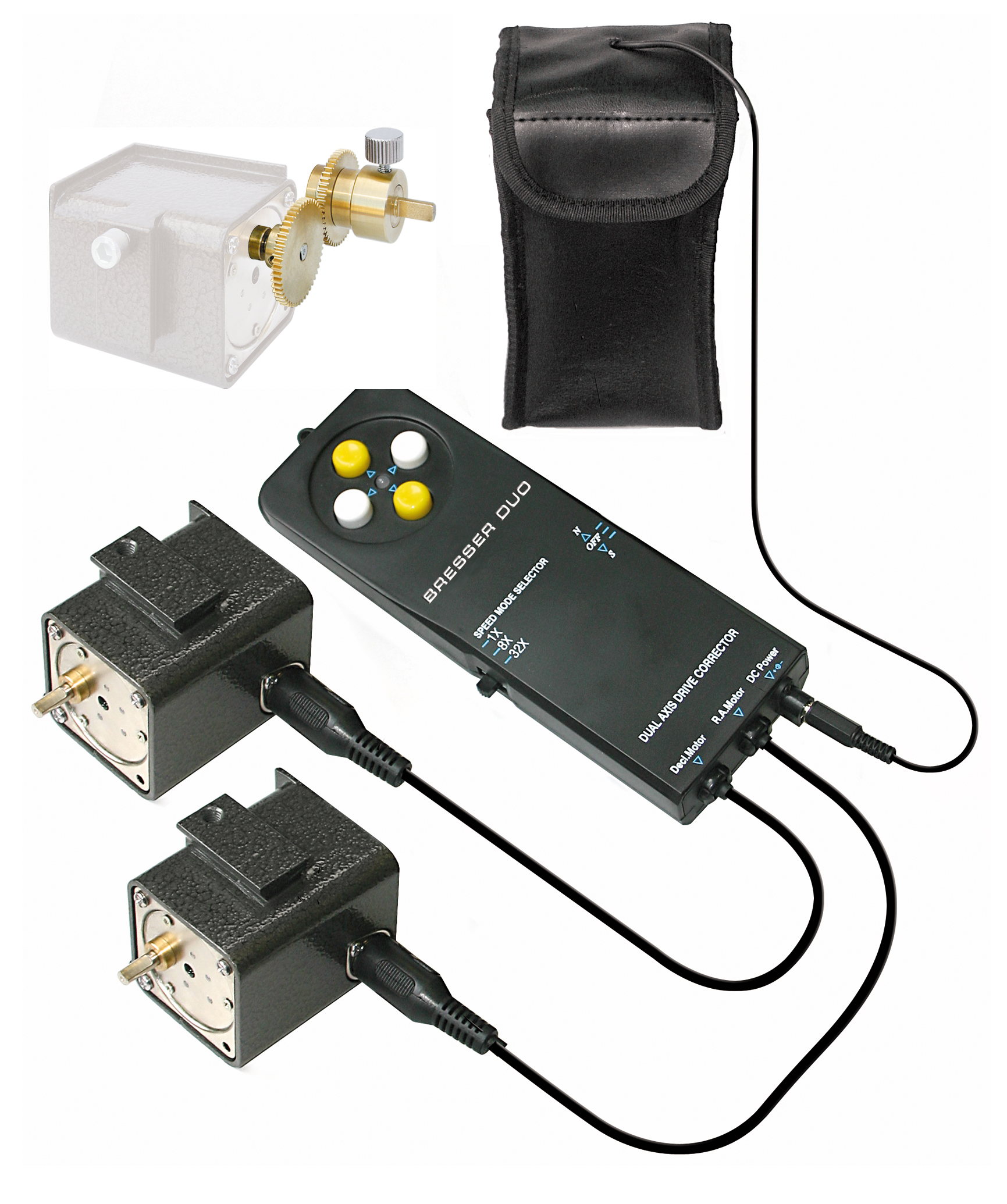 Schwarzes Speeder Duo-Gerät mit zwei angeschlossenen Motoren. Eine schwarze Tragetasche befindet sich im Hintergrund.