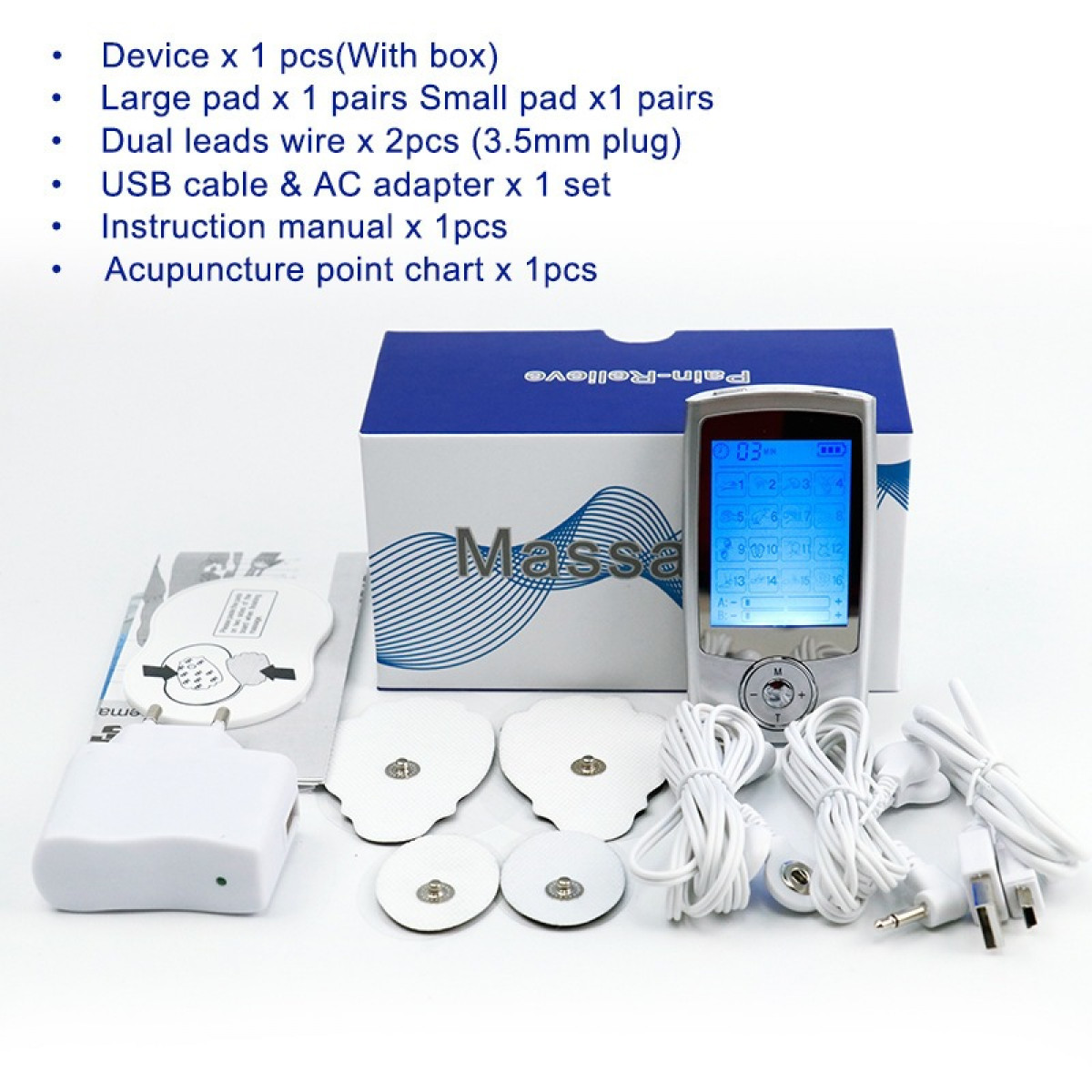 Medical device with accessories, including pads and wires, on a white surface.