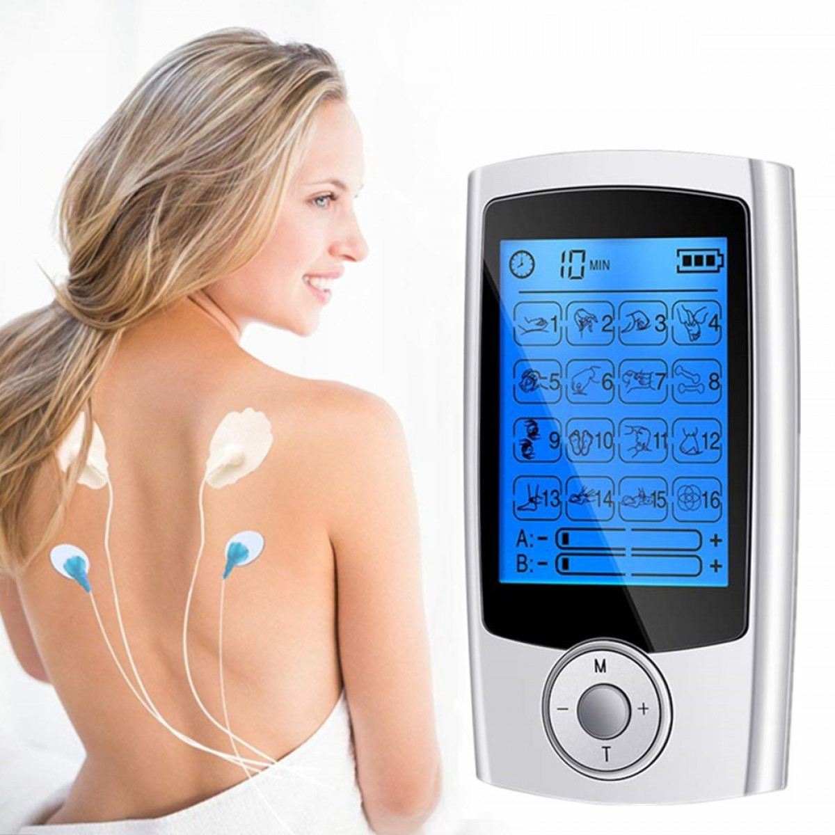 Woman receiving back therapy with an electrical muscle stimulator, showing a display of treatment options.