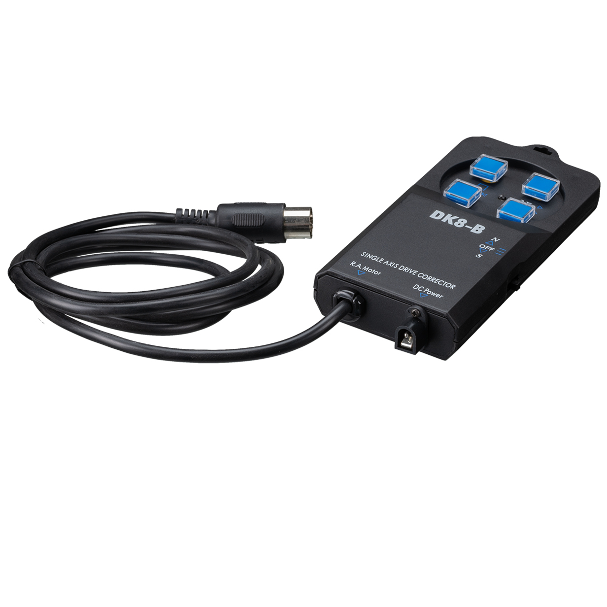 DK8-B Einachsantriebskorrektor. Schwarze Box mit Knöpfen und Kabel. Weißer Hintergrund.