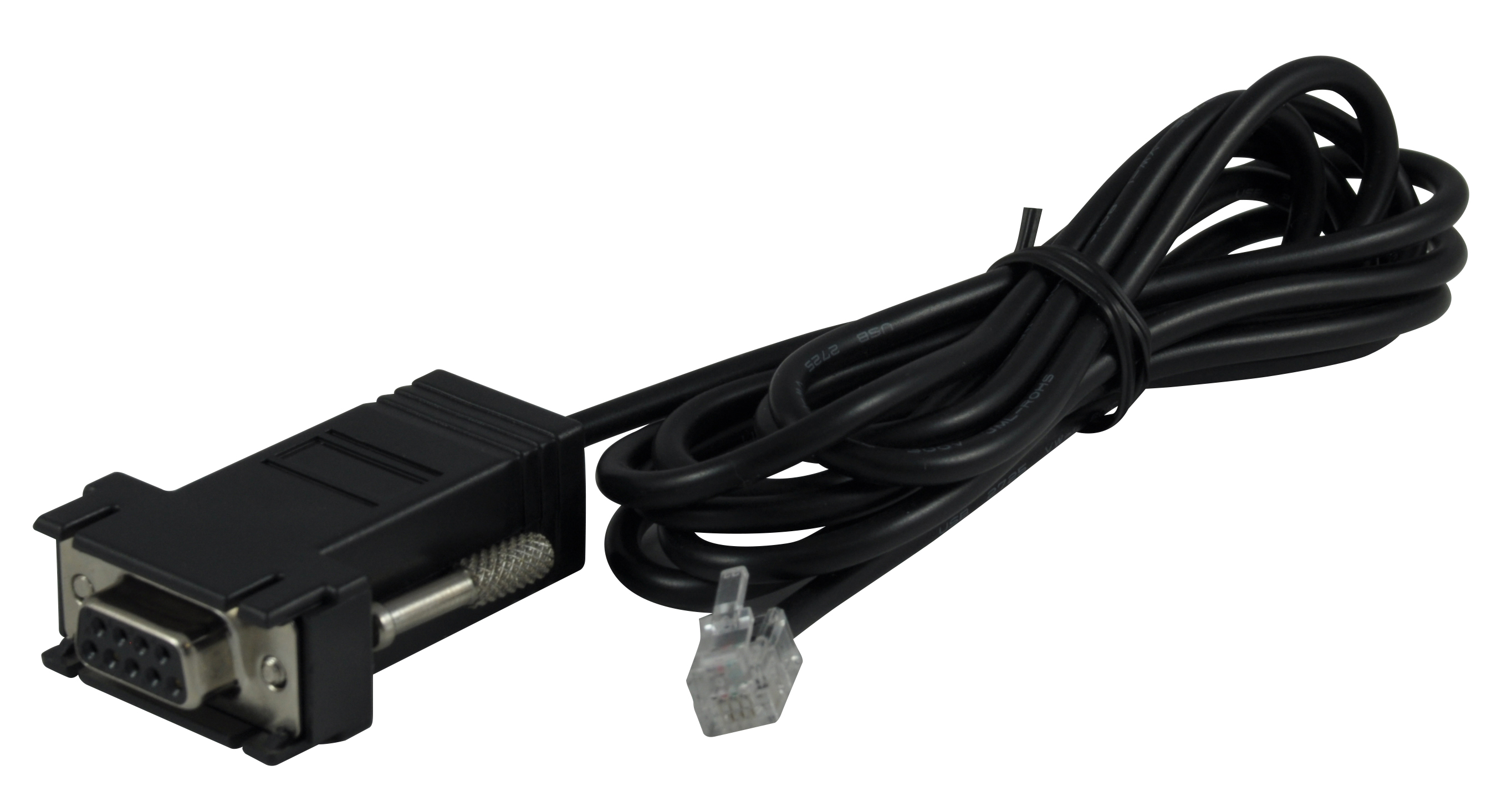 Ein schwarzes Kabel mit einem seriellen Port-Anschluss und einem Telefonstecker am Ende.